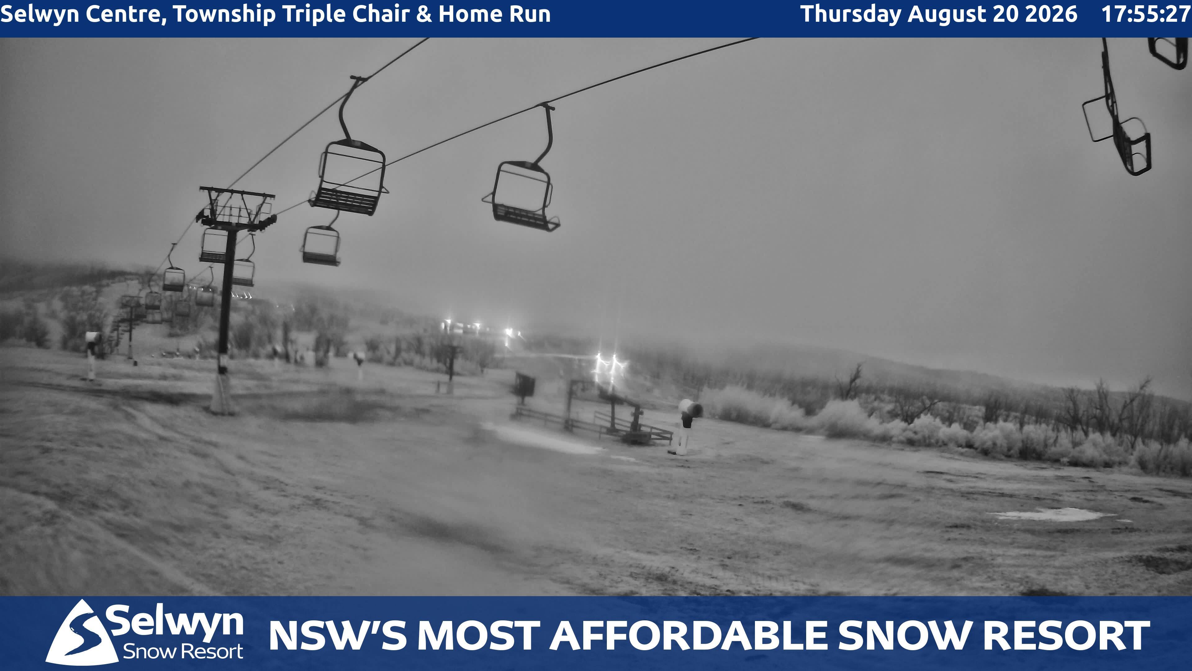 Selwyn Snow Resort Selwyn Centre, Township Triple Chair and Home Run snow cam captured at 20 August 2026 at 5:56 pm AEST