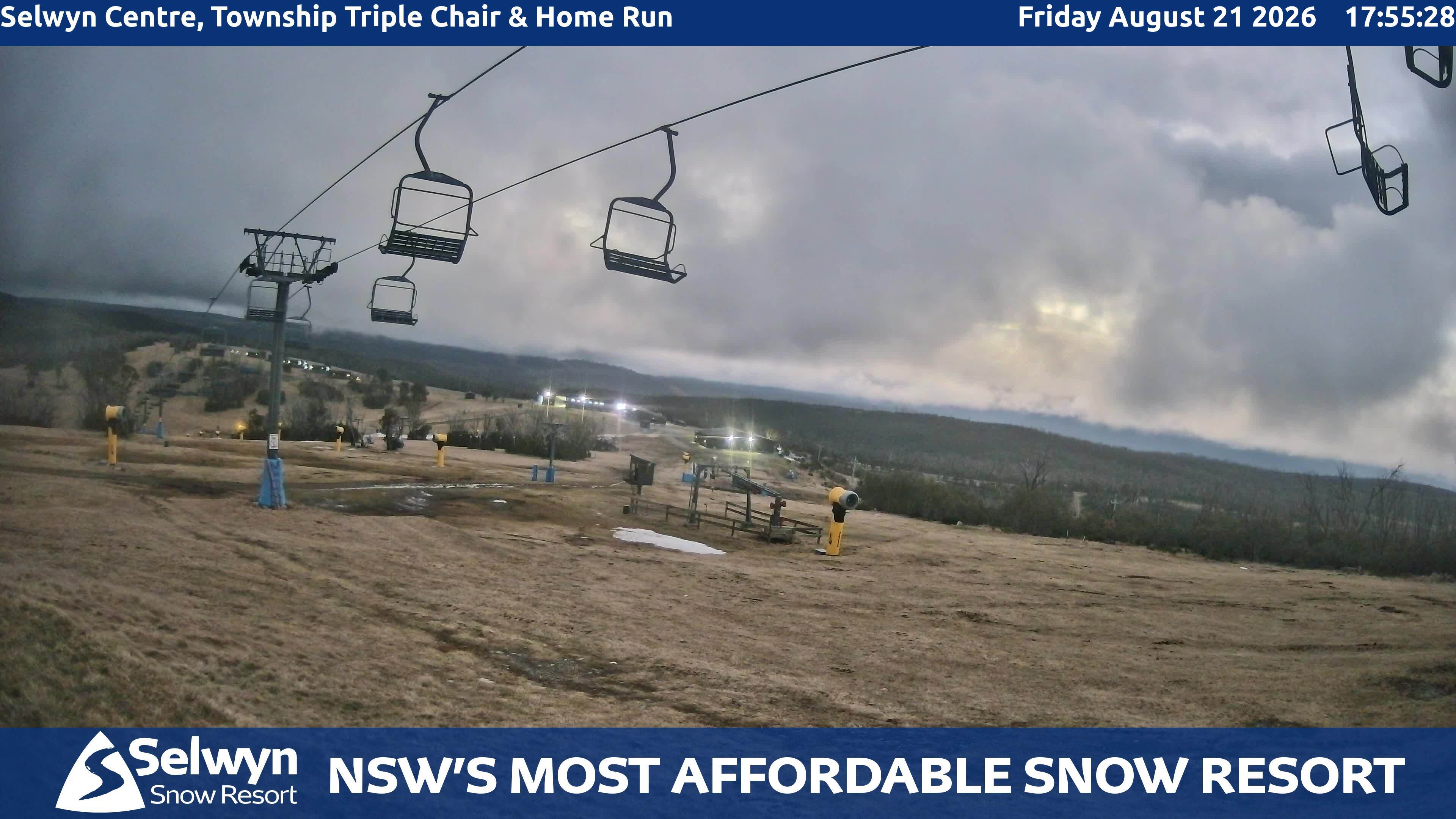 Selwyn Snow Resort Selwyn Centre, Township Triple Chair and Home Run snow cam captured at 21 August 2026 at 5:57 pm AEST