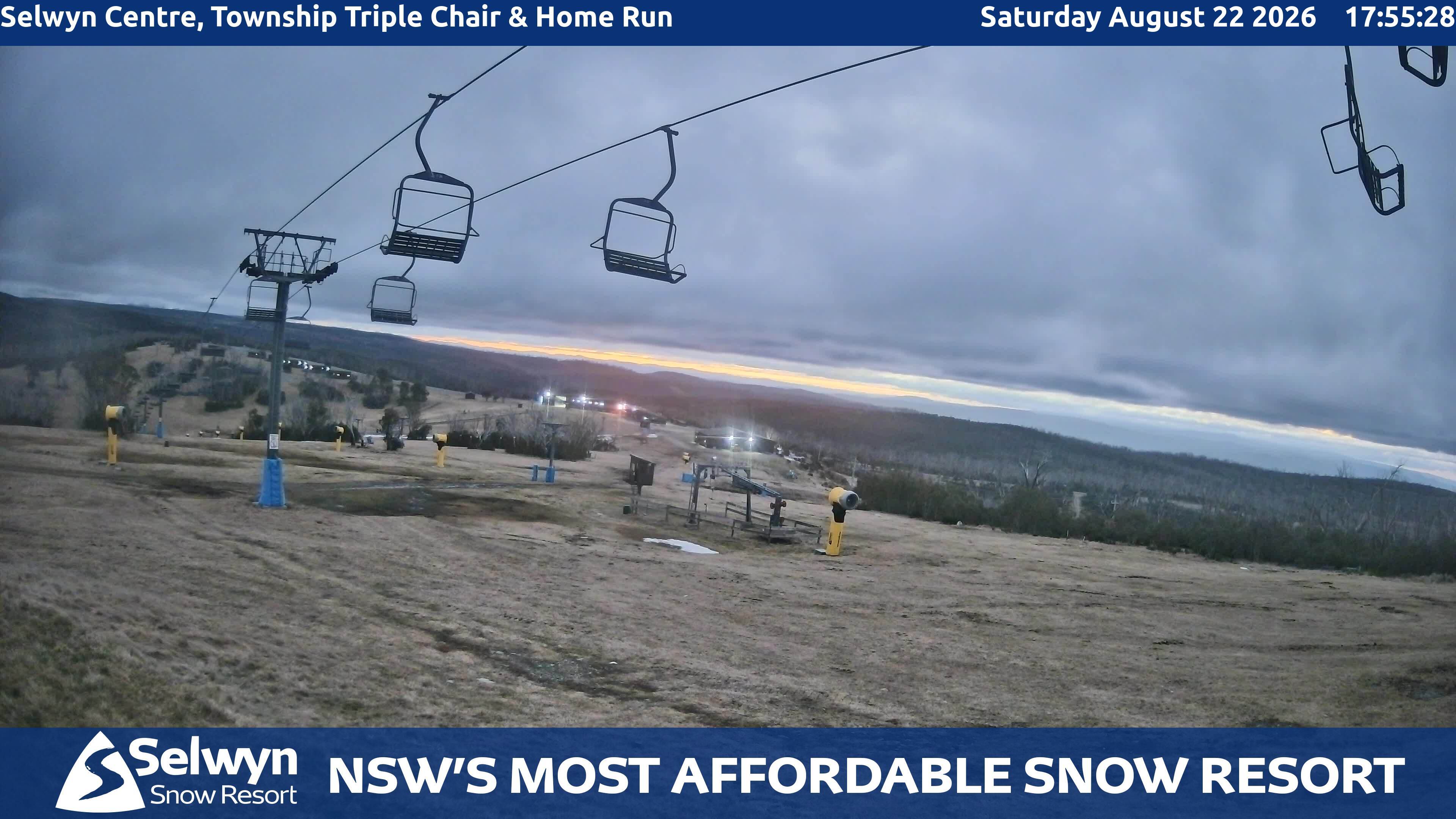 Selwyn Snow Resort Selwyn Centre, Township Triple Chair and Home Run snow cam captured at 22 August 2026 at 5:58 pm AEST