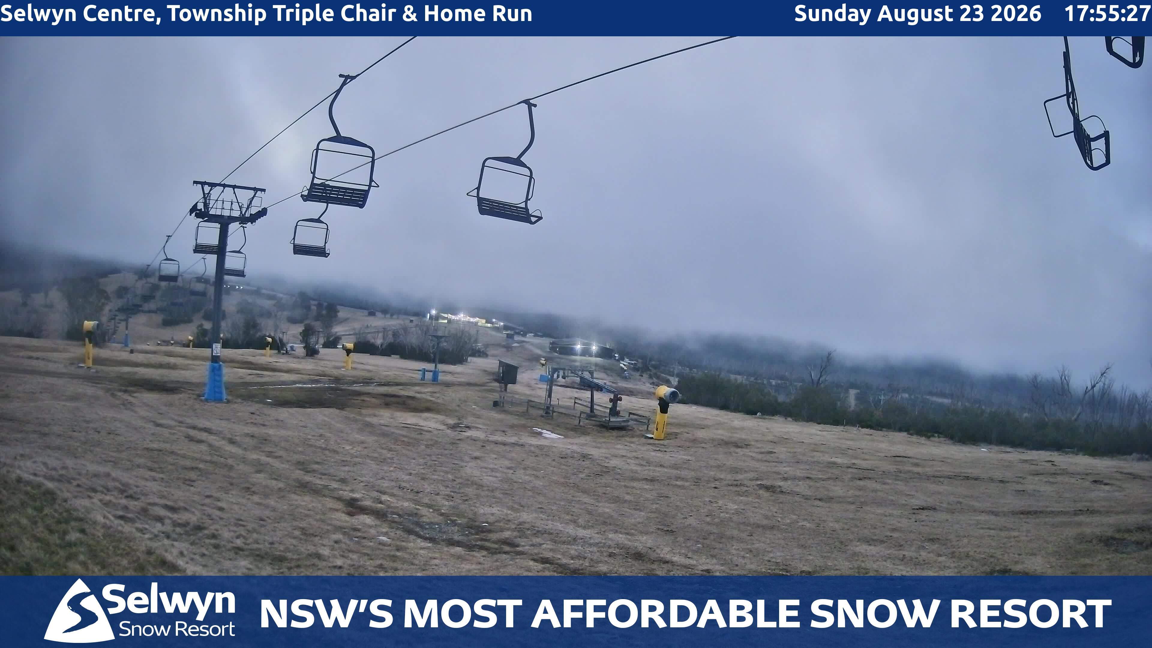 Selwyn Snow Resort Selwyn Centre, Township Triple Chair and Home Run snow cam captured at 23 August 2026 at 5:59 pm AEST