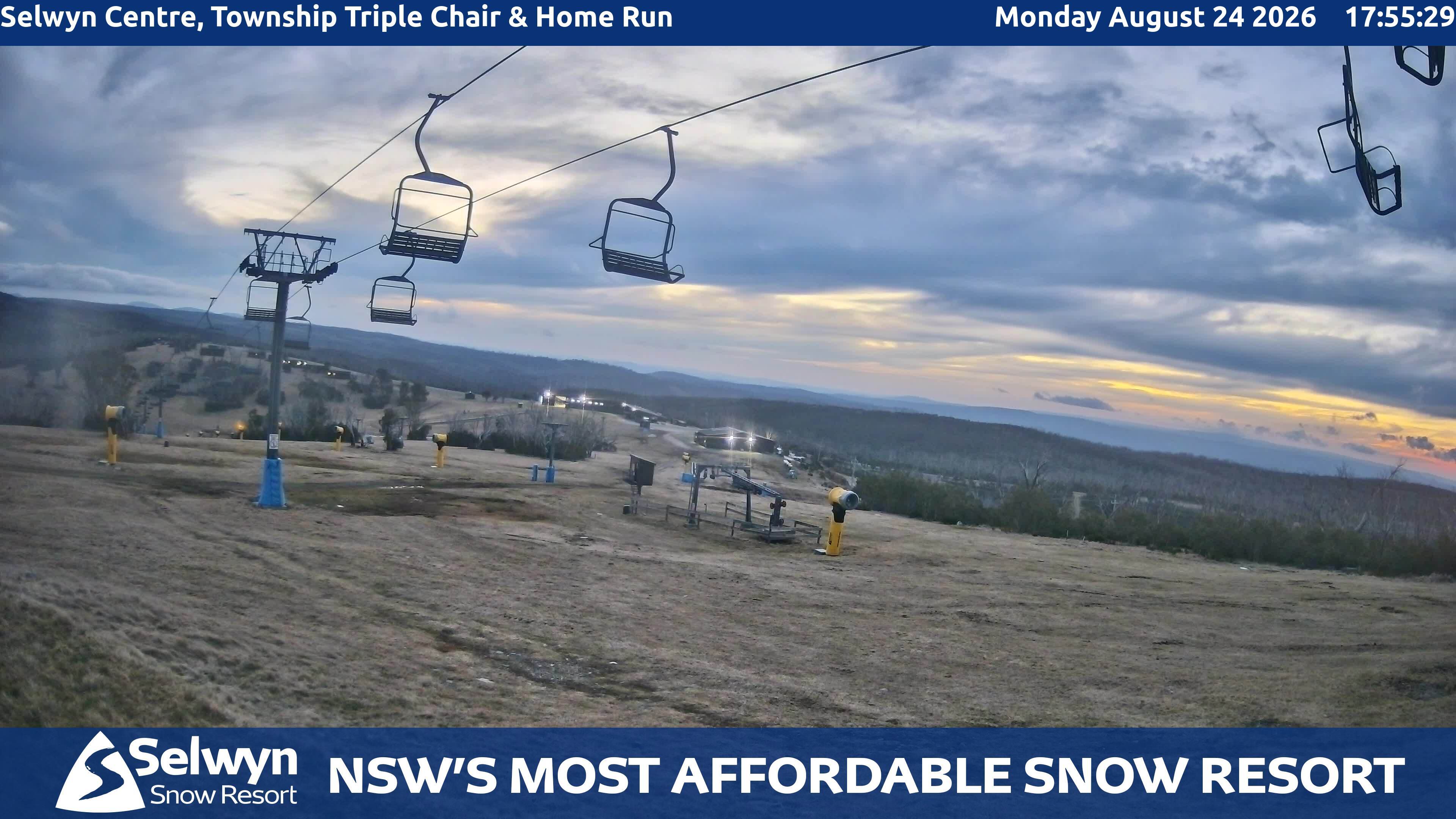 Selwyn Snow Resort Selwyn Centre, Township Triple Chair and Home Run snow cam captured at 24 August 2026 at 6:00 pm AEST
