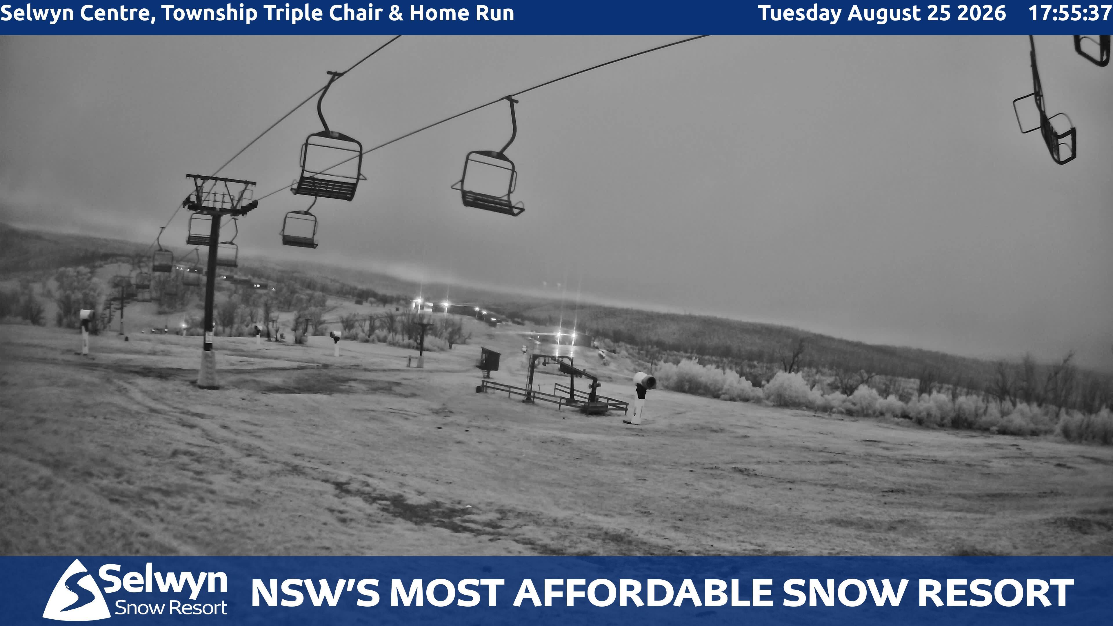 Selwyn Snow Resort Selwyn Centre, Township Triple Chair and Home Run snow cam captured at 25 August 2026 at 6:01 pm AEST