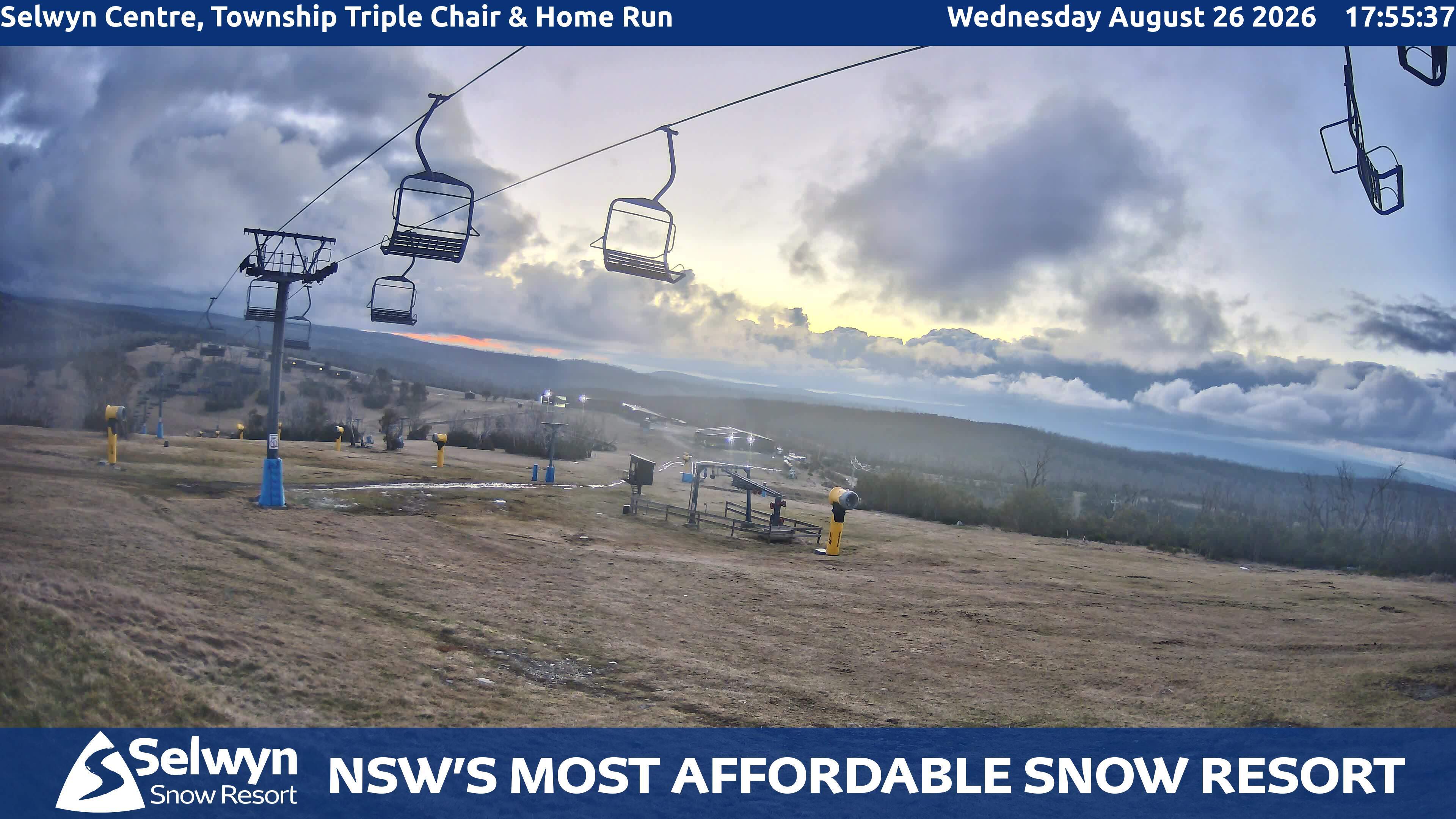 Selwyn Snow Resort Selwyn Centre, Township Triple Chair and Home Run snow cam captured at 26 August 2026 at 6:02 pm AEST