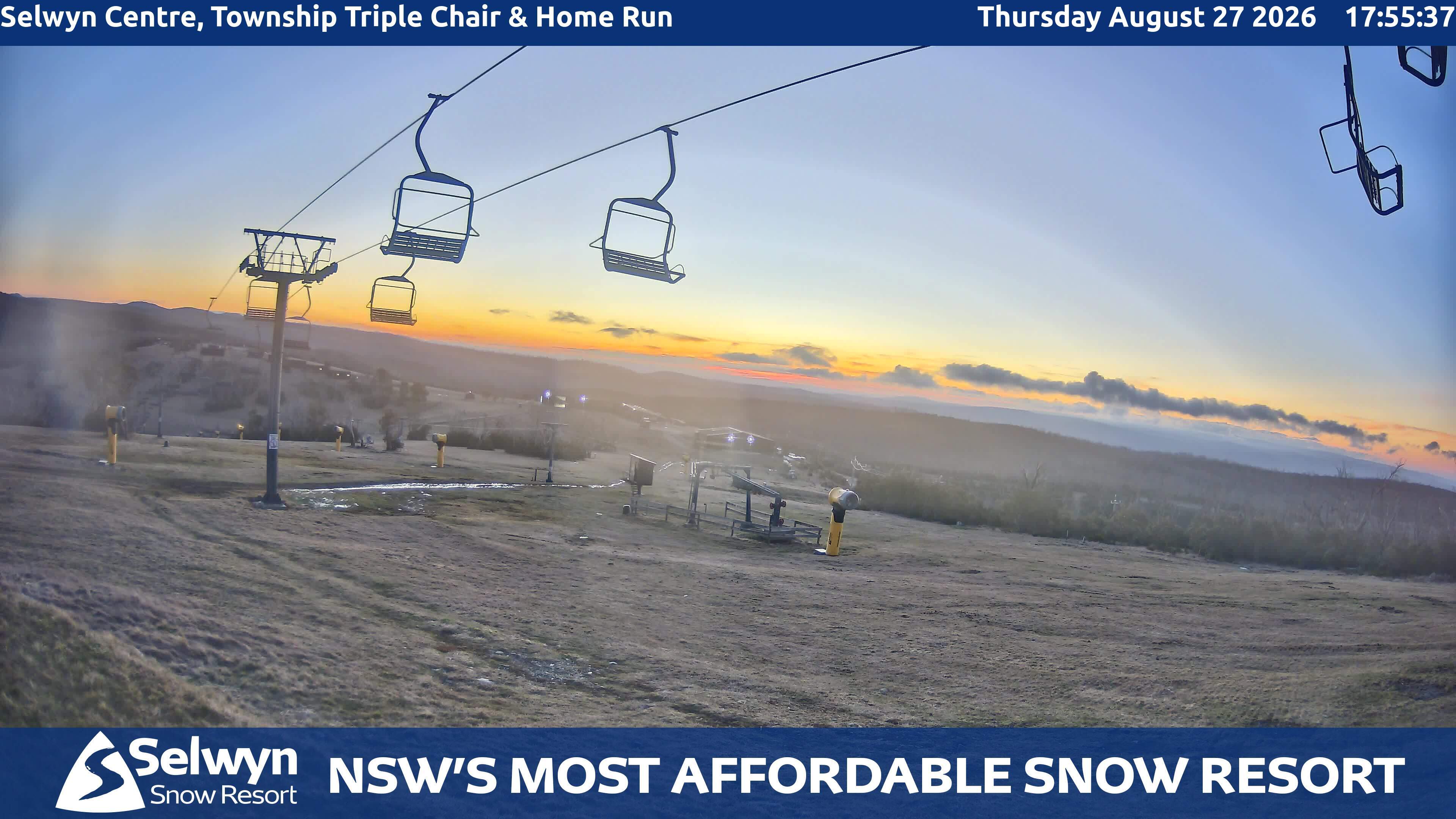 Selwyn Snow Resort Selwyn Centre, Township Triple Chair and Home Run snow cam captured at 27 August 2026 at 6:03 pm AEST
