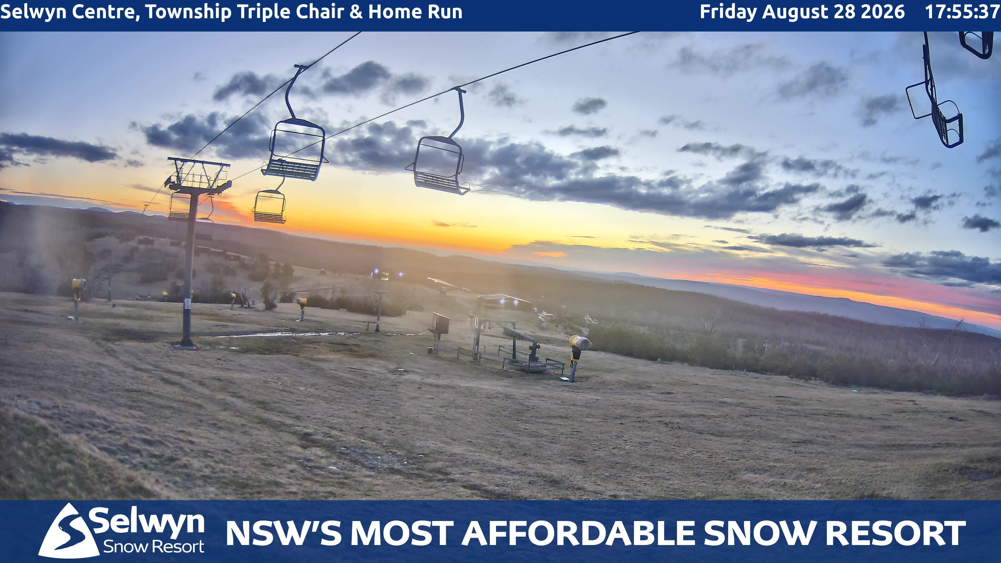 Selwyn Snow Resort Selwyn Centre, Township Triple Chair and Home Run snow cam captured at 28 August 2026 at 6:04 pm AEST