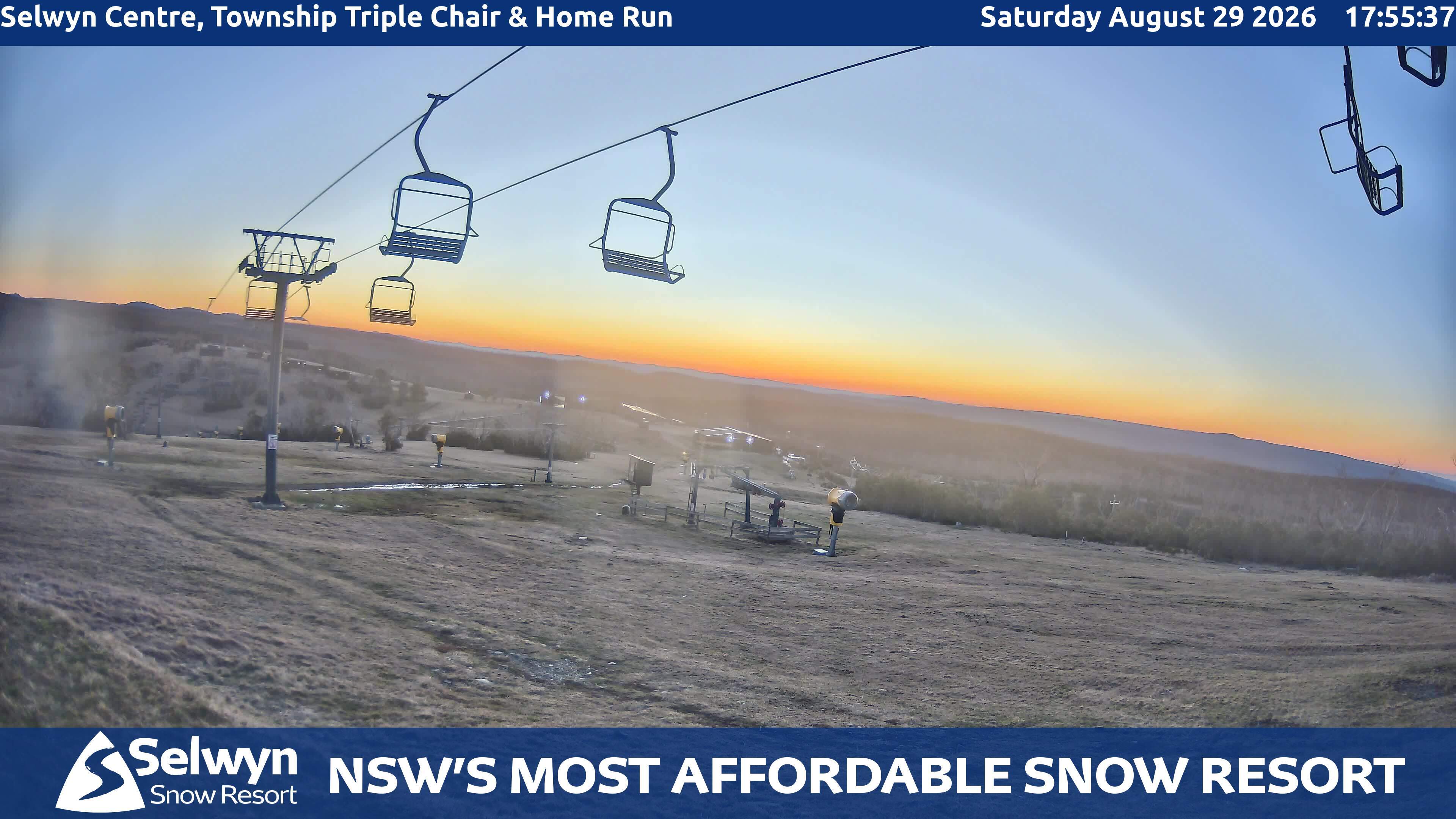 Selwyn Snow Resort Selwyn Centre, Township Triple Chair and Home Run snow cam captured at 29 August 2026 at 6:05 pm AEST