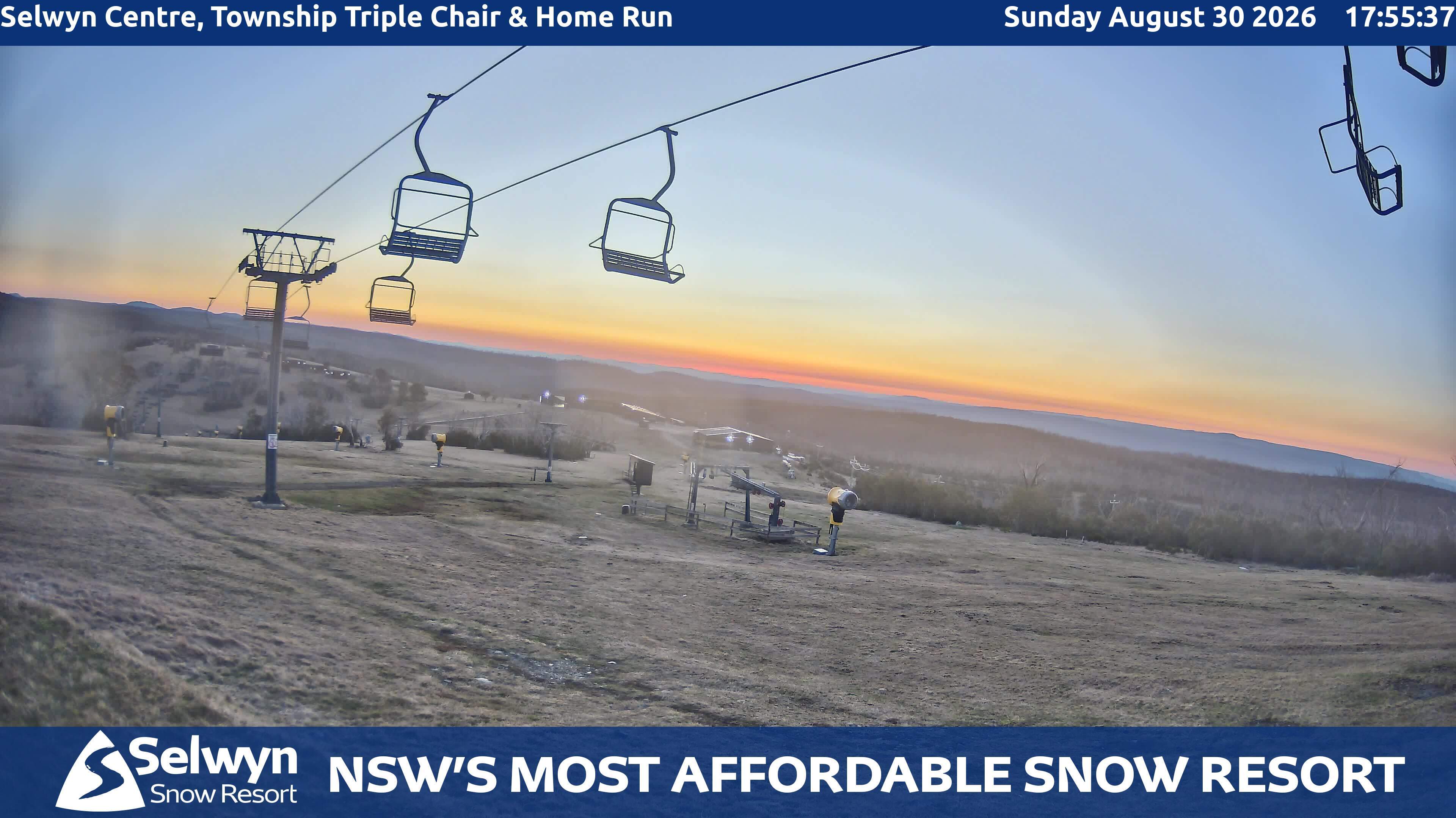 Selwyn Snow Resort Selwyn Centre, Township Triple Chair and Home Run snow cam captured at 30 August 2026 at 5:55 pm AEST