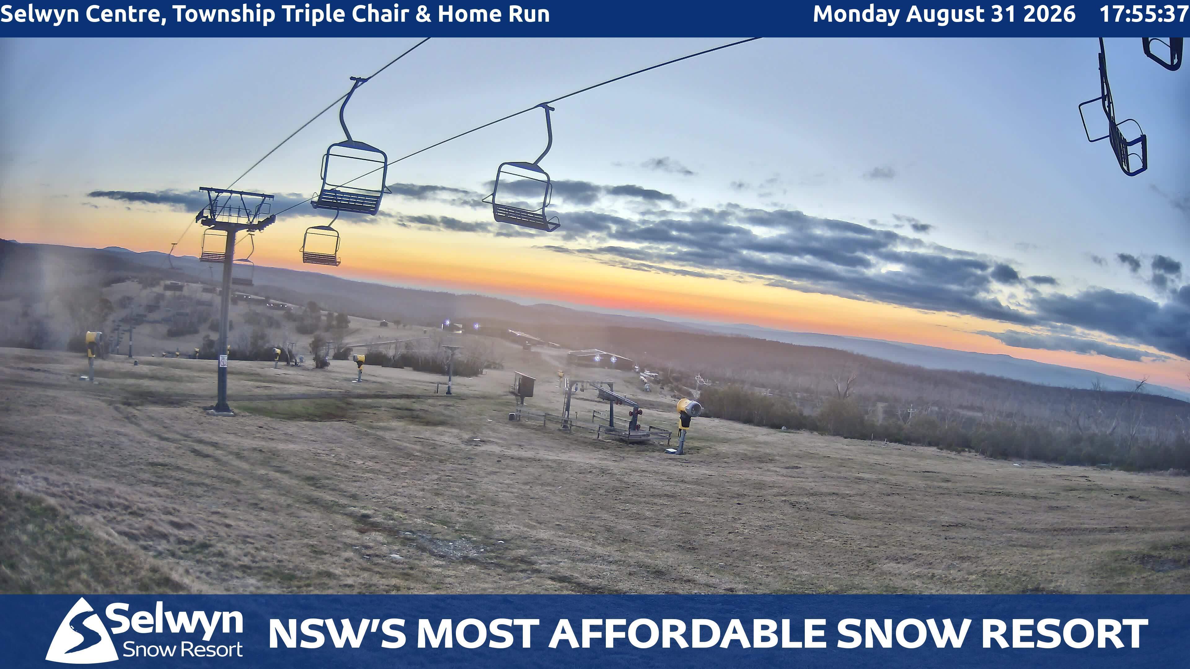 Selwyn Snow Resort Selwyn Centre, Township Triple Chair and Home Run snow cam captured at 31 August 2026 at 5:56 pm AEST