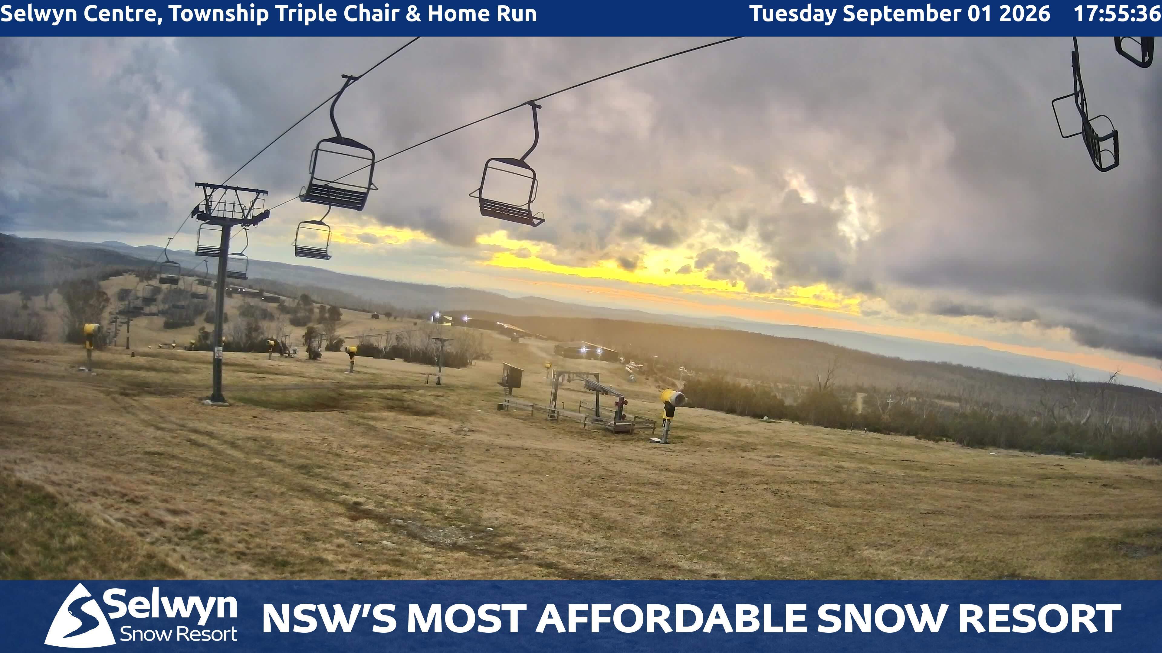 Selwyn Snow Resort Selwyn Centre, Township Triple Chair and Home Run snow cam captured at 1 September 2026 at 6:03 pm AEST