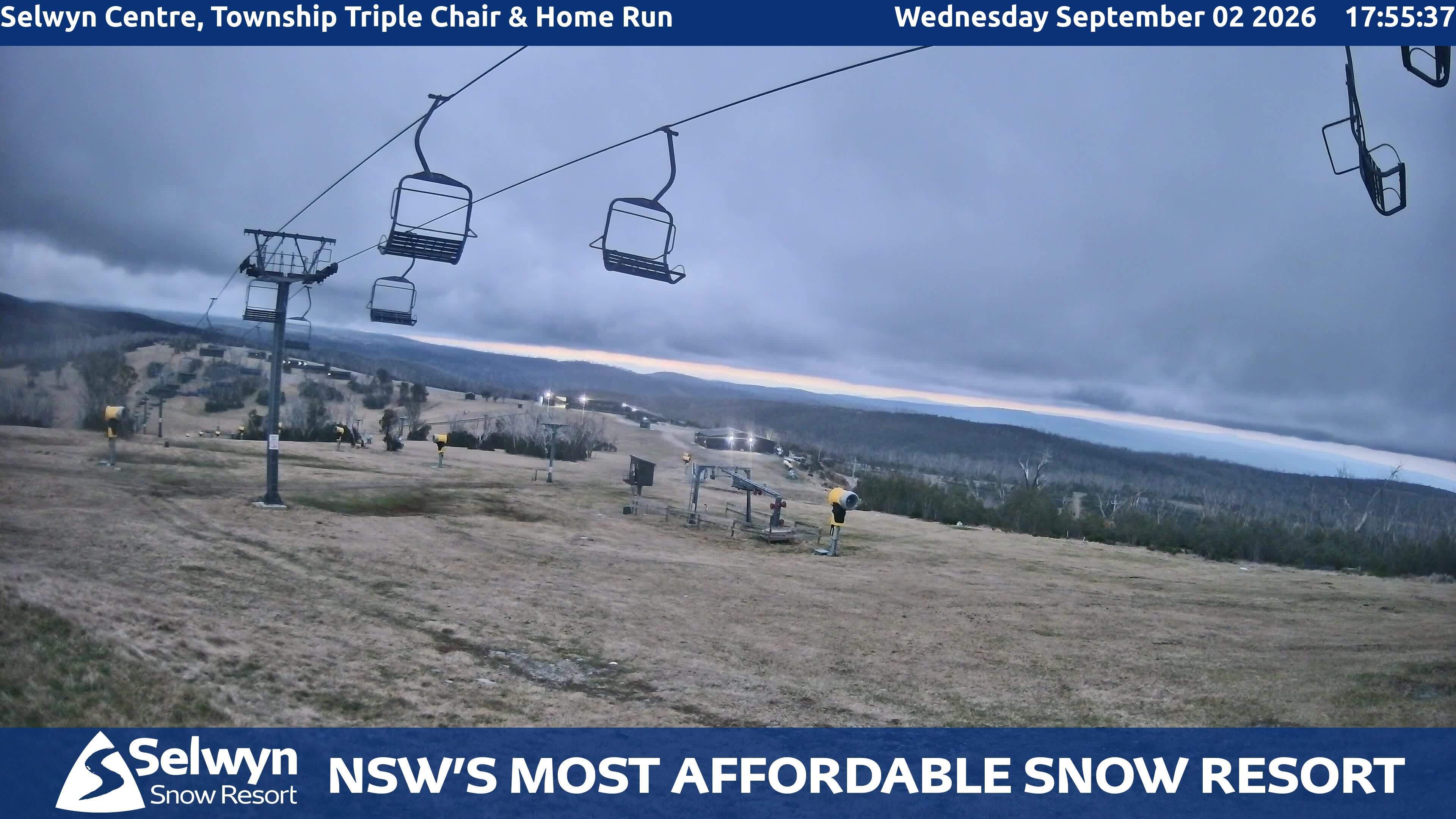 Selwyn Snow Resort Selwyn Centre, Township Triple Chair and Home Run snow cam captured at 2 September 2026 at 5:57 pm AEST