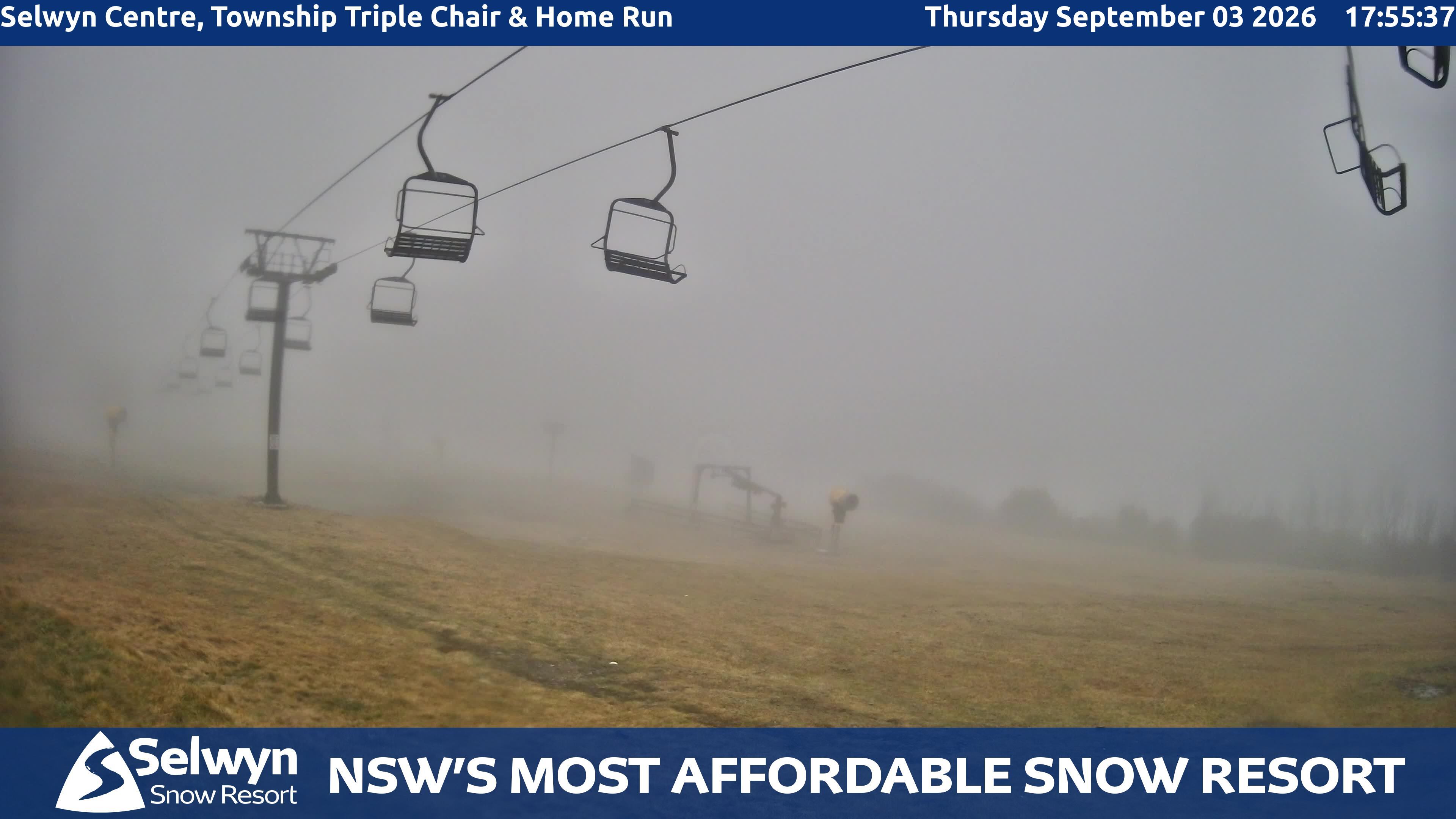 Selwyn Snow Resort Selwyn Centre, Township Triple Chair and Home Run snow cam captured at 3 September 2026 at 6:02 pm AEST