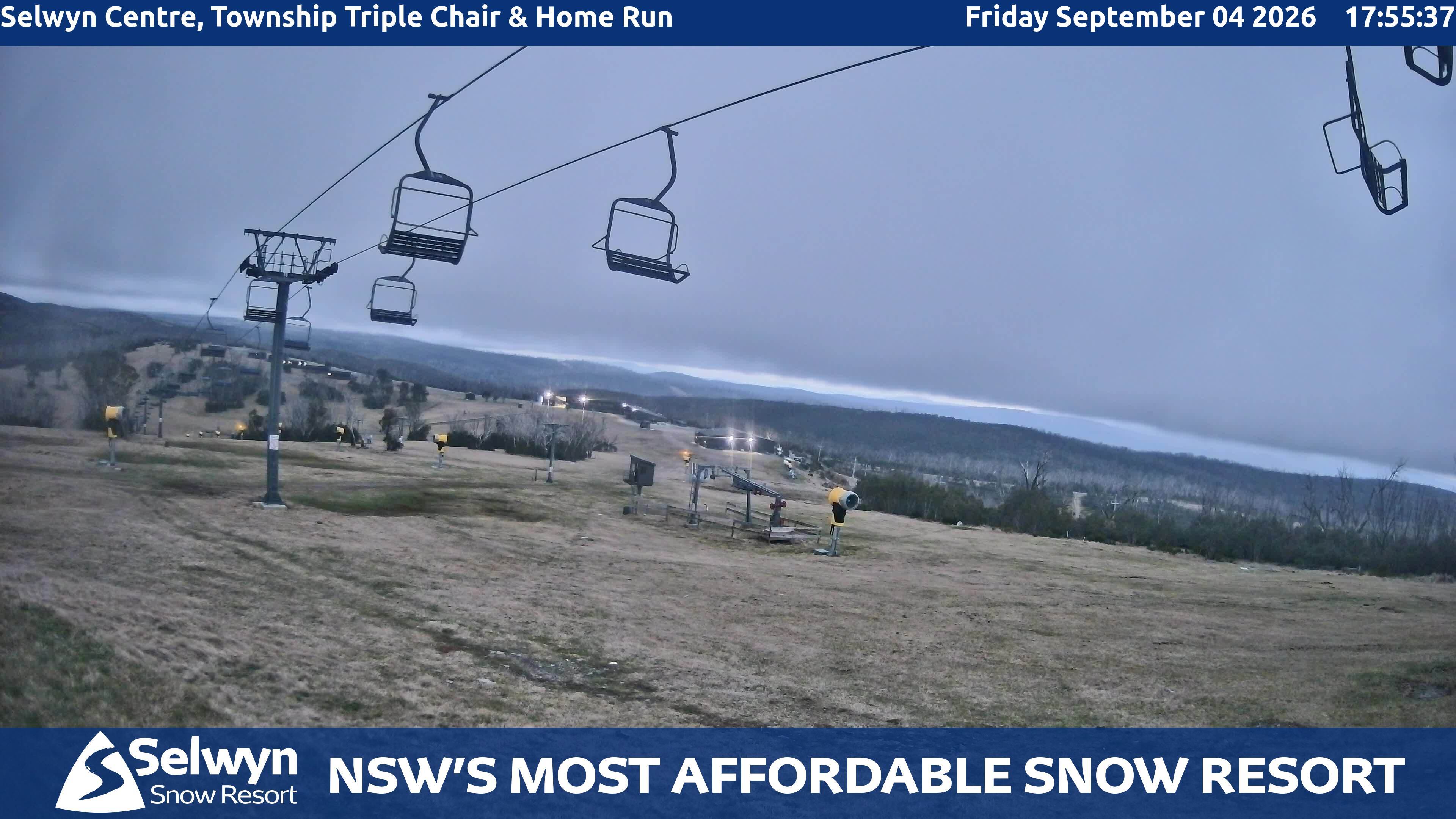 Selwyn Snow Resort Selwyn Centre, Township Triple Chair and Home Run snow cam captured at 4 September 2026 at 6:04 pm AEST