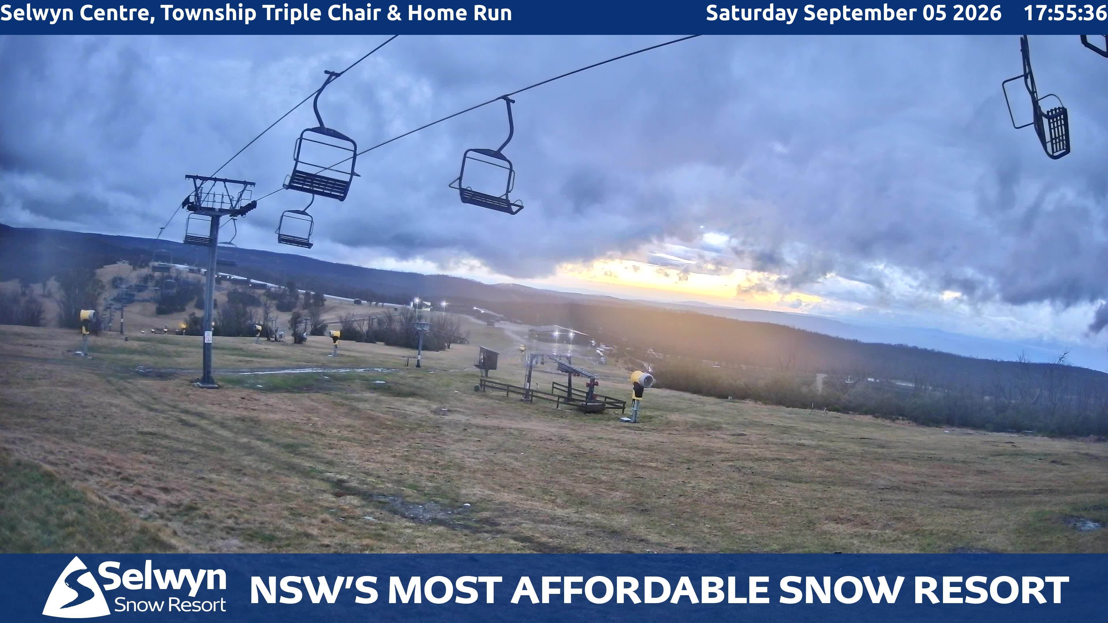 Selwyn Snow Resort Selwyn Centre, Township Triple Chair and Home Run snow cam captured at 5 September 2026 at 6:06 pm AEST