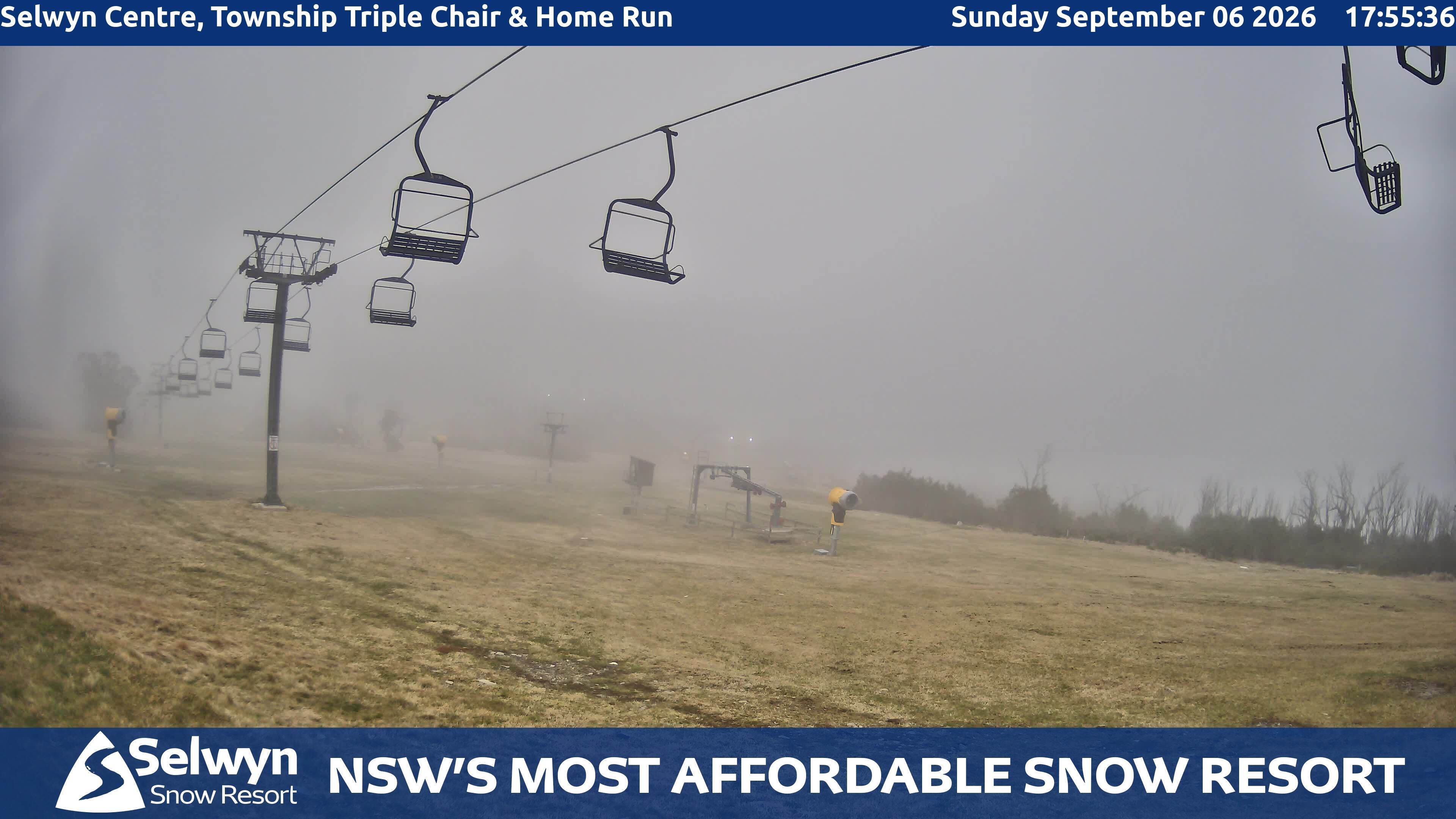 Selwyn Snow Resort Selwyn Centre, Township Triple Chair and Home Run snow cam captured at 6 September 2026 at 5:56 pm AEST