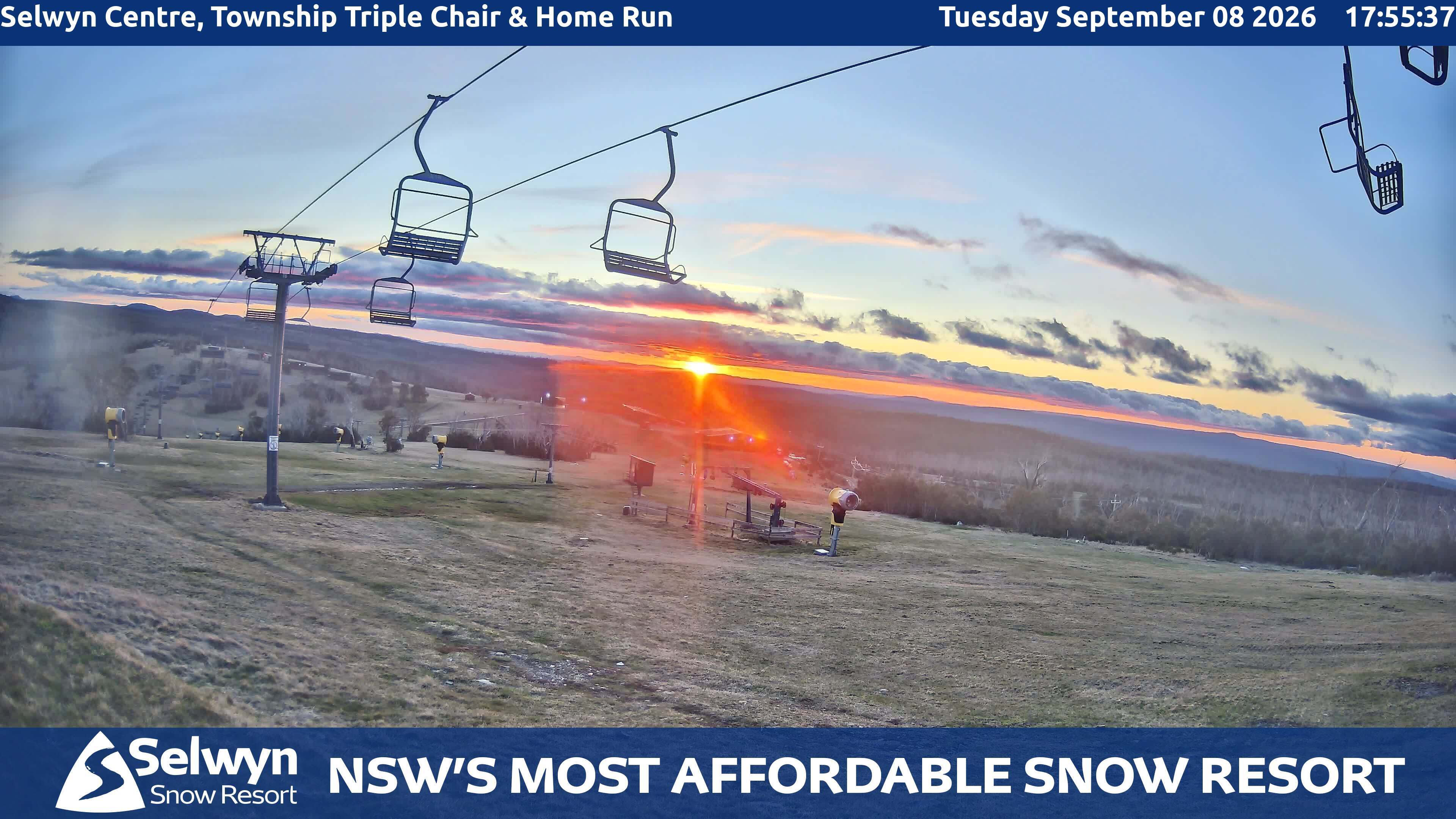 Selwyn Snow Resort Selwyn Centre, Township Triple Chair and Home Run snow cam captured at 8 September 2026 at 5:59 pm AEST