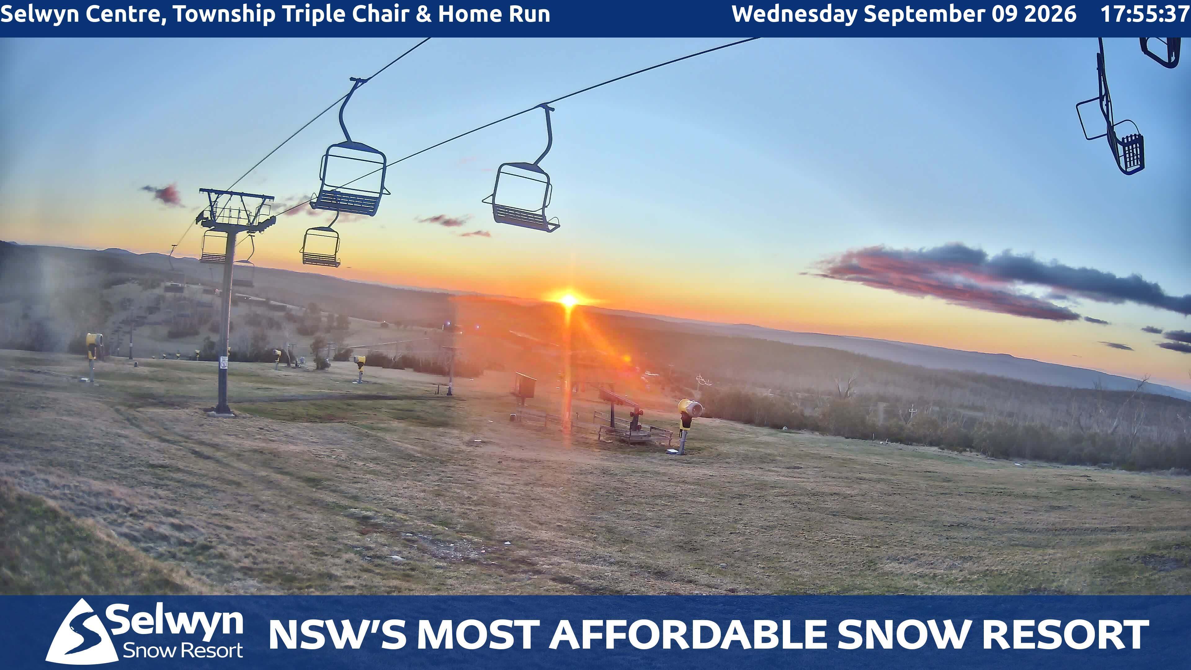 Selwyn Snow Resort Selwyn Centre, Township Triple Chair and Home Run snow cam captured at 9 September 2026 at 6:00 pm AEST