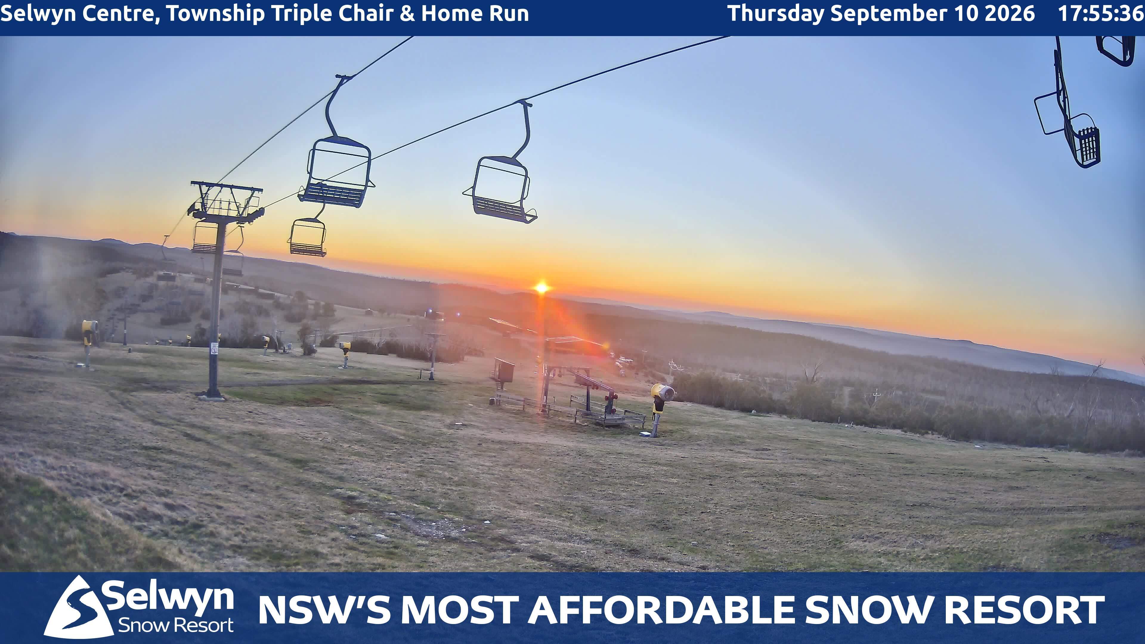 Selwyn Snow Resort Selwyn Centre, Township Triple Chair and Home Run snow cam captured at 10 September 2026 at 6:01 pm AEST