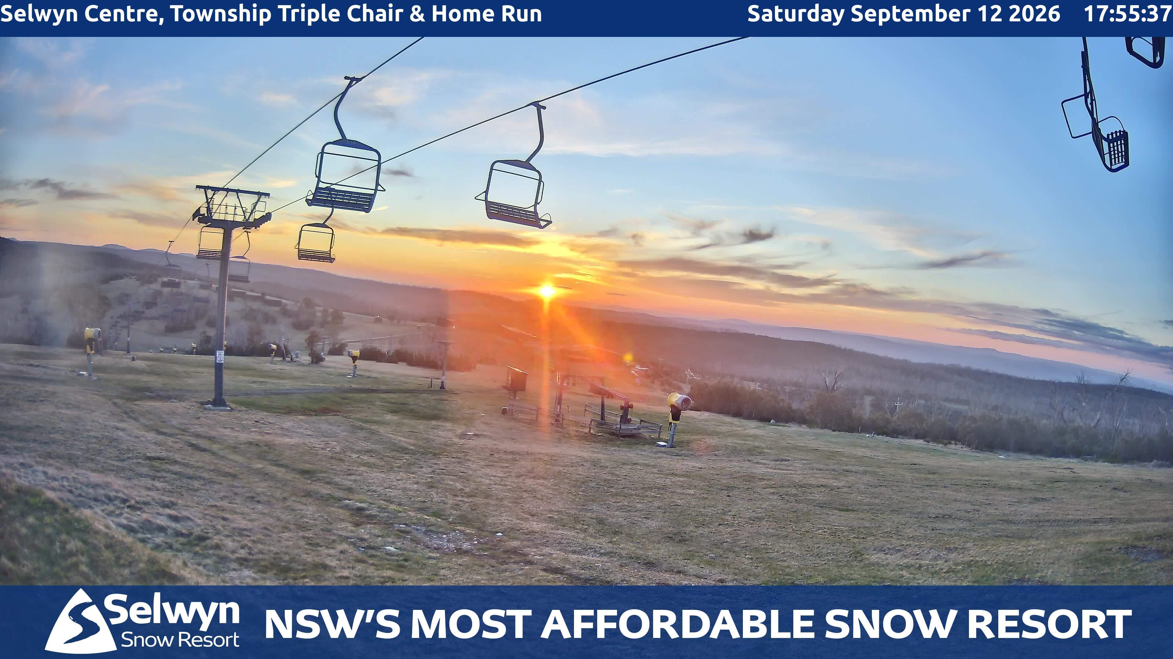 Selwyn Snow Resort Selwyn Centre, Township Triple Chair and Home Run snow cam captured at 12 September 2026 at 6:02 pm AEST