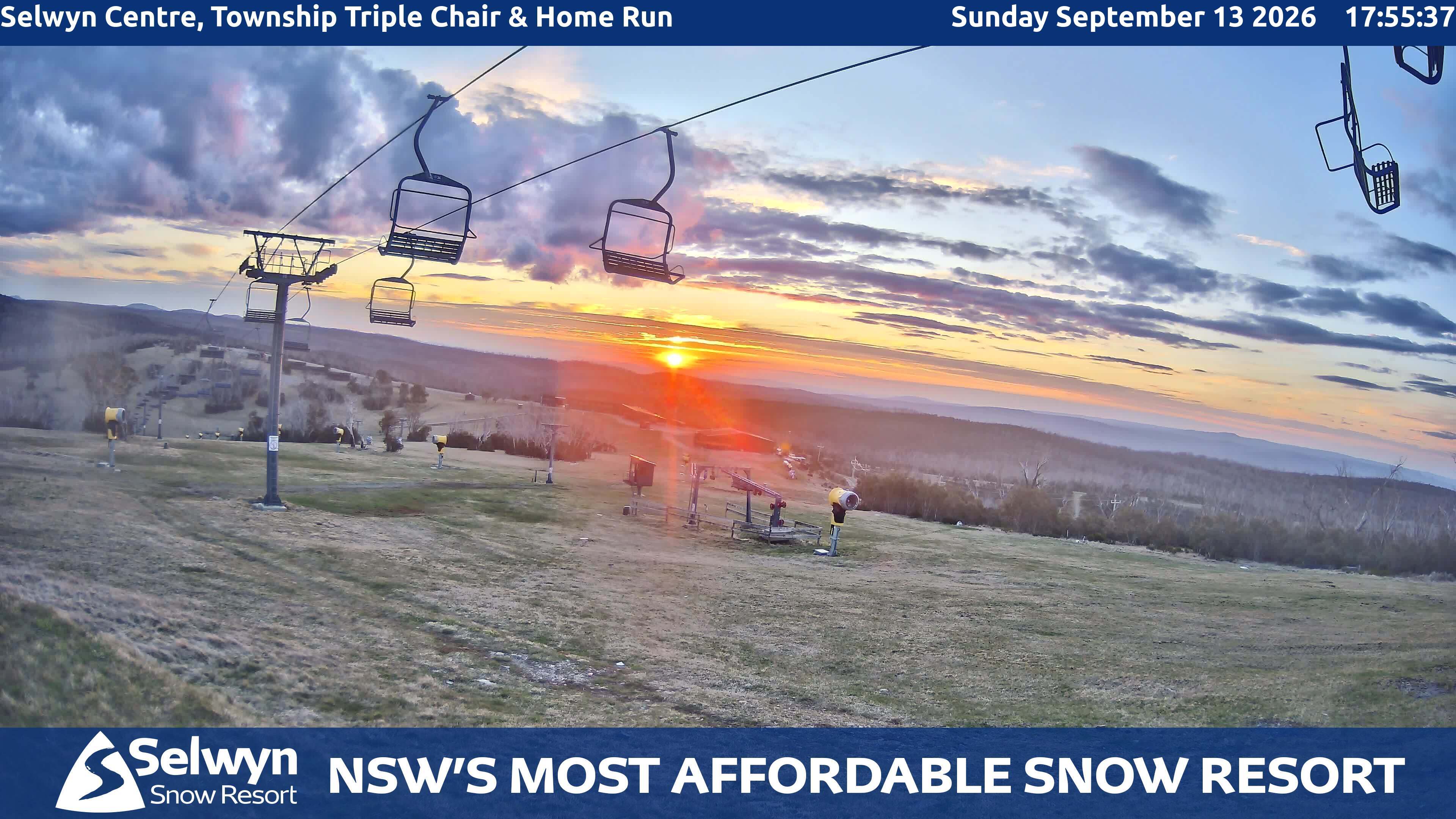 Selwyn Snow Resort Selwyn Centre, Township Triple Chair and Home Run snow cam captured at 13 September 2026 at 5:58 pm AEST