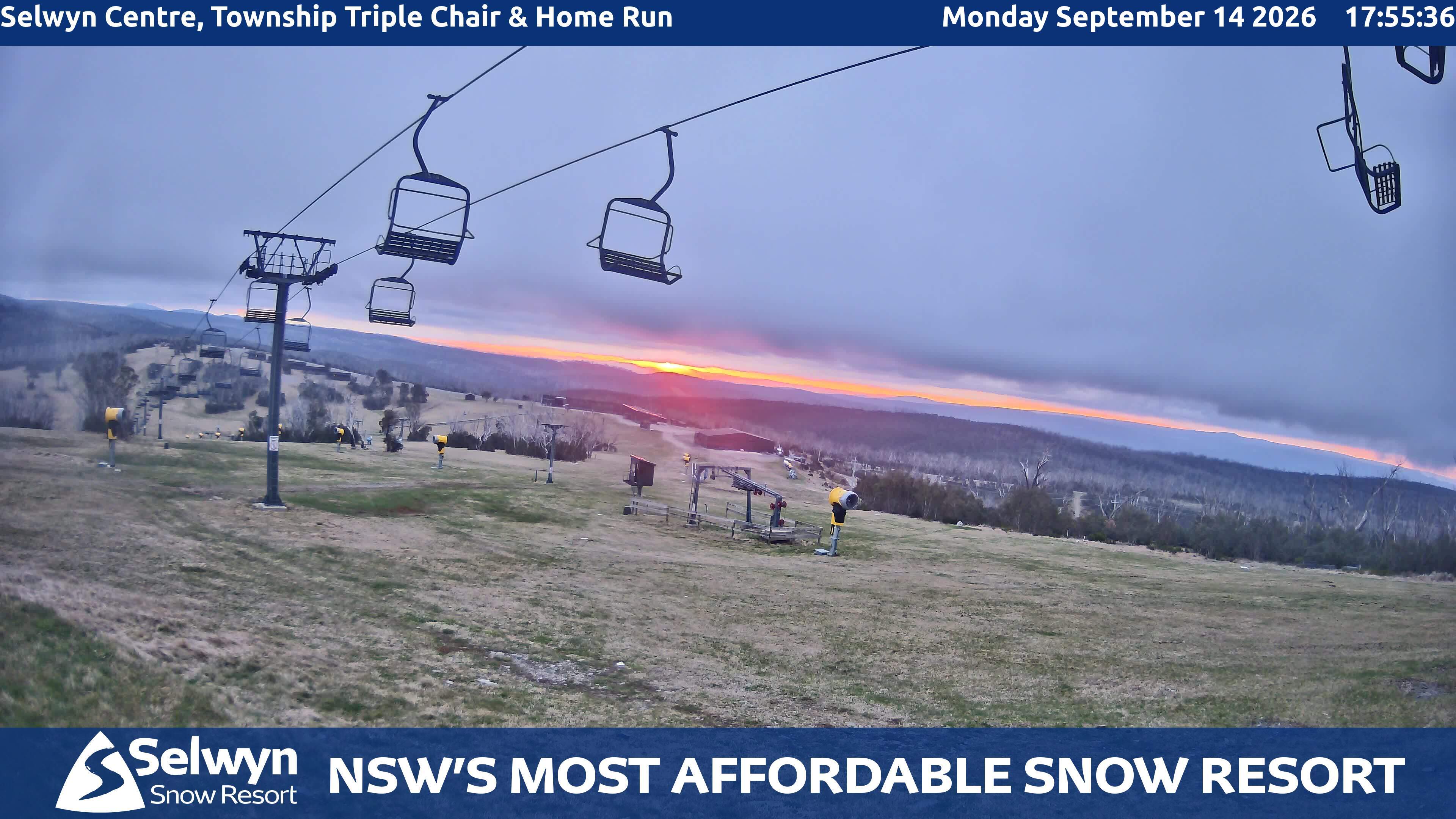 Selwyn Snow Resort Selwyn Centre, Township Triple Chair and Home Run snow cam captured at 14 September 2026 at 6:08 pm AEST