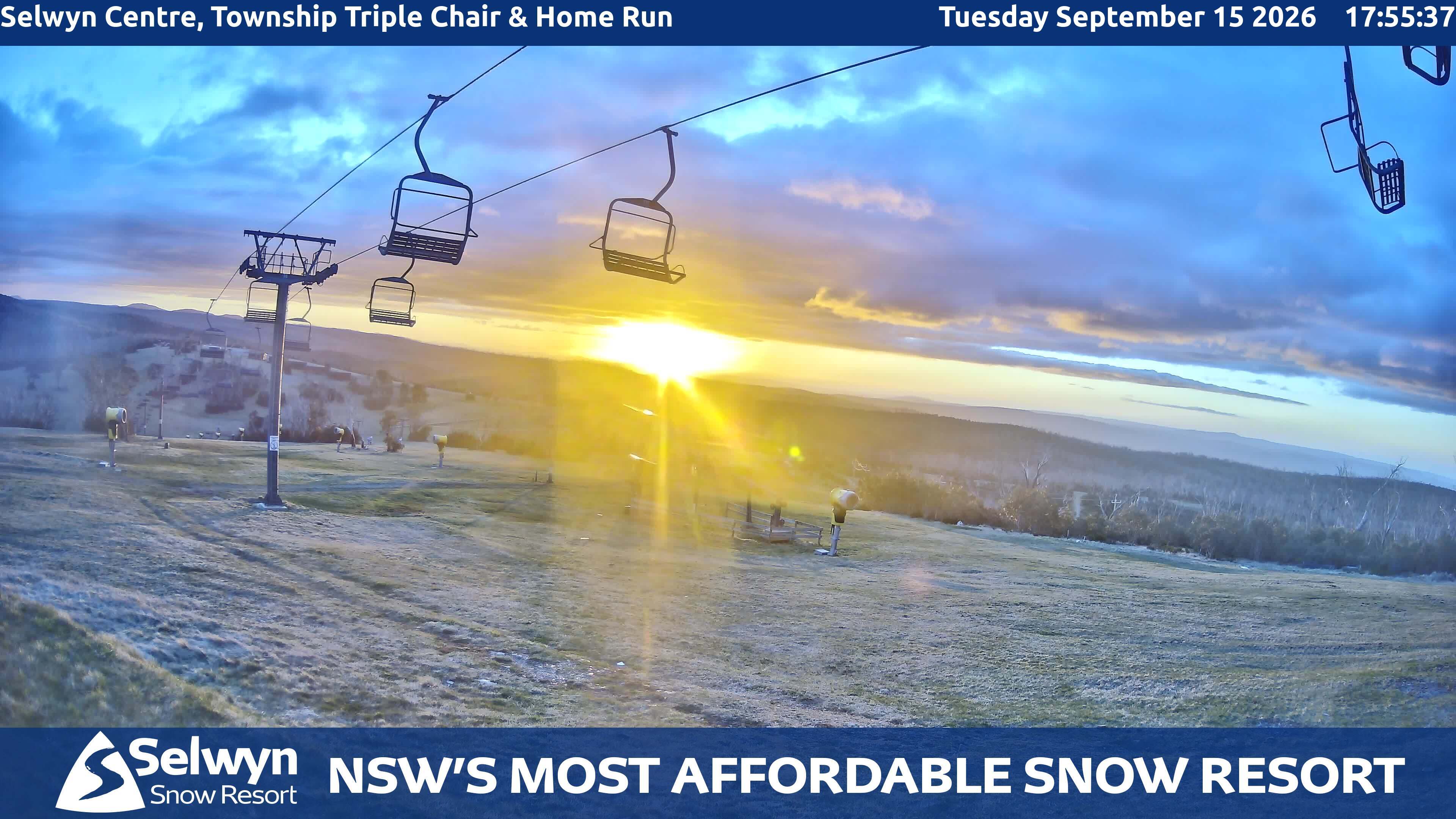 Selwyn Snow Resort Selwyn Centre, Township Triple Chair and Home Run snow cam captured at 15 September 2026 at 5:55 pm AEST