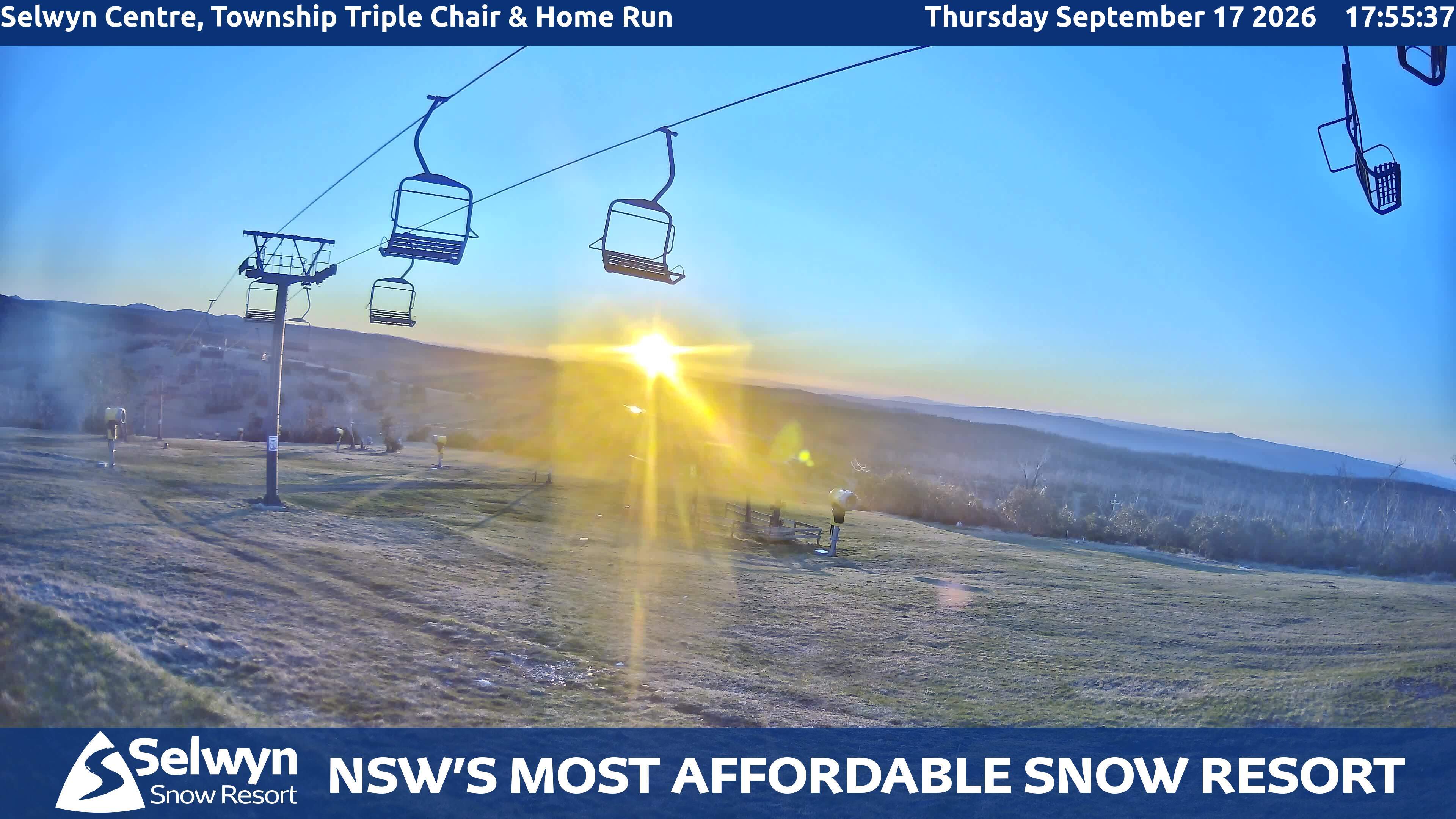 Selwyn Snow Resort Selwyn Centre, Township Triple Chair and Home Run snow cam captured at 17 September 2026 at 6:01 pm AEST
