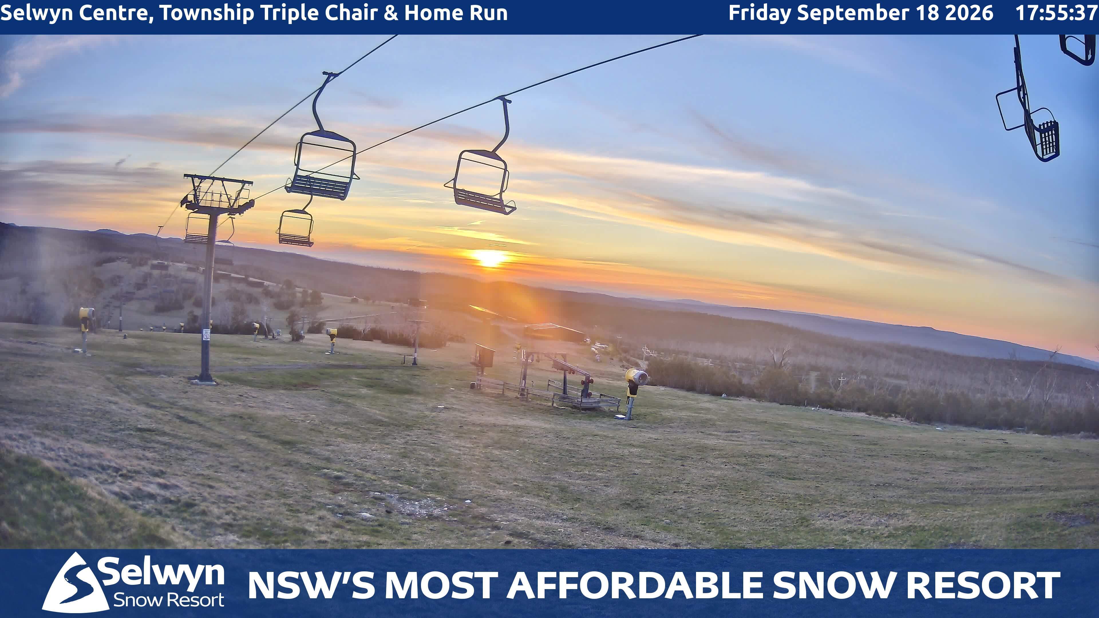 Selwyn Snow Resort Selwyn Centre, Township Triple Chair and Home Run snow cam captured at 18 September 2026 at 5:59 pm AEST