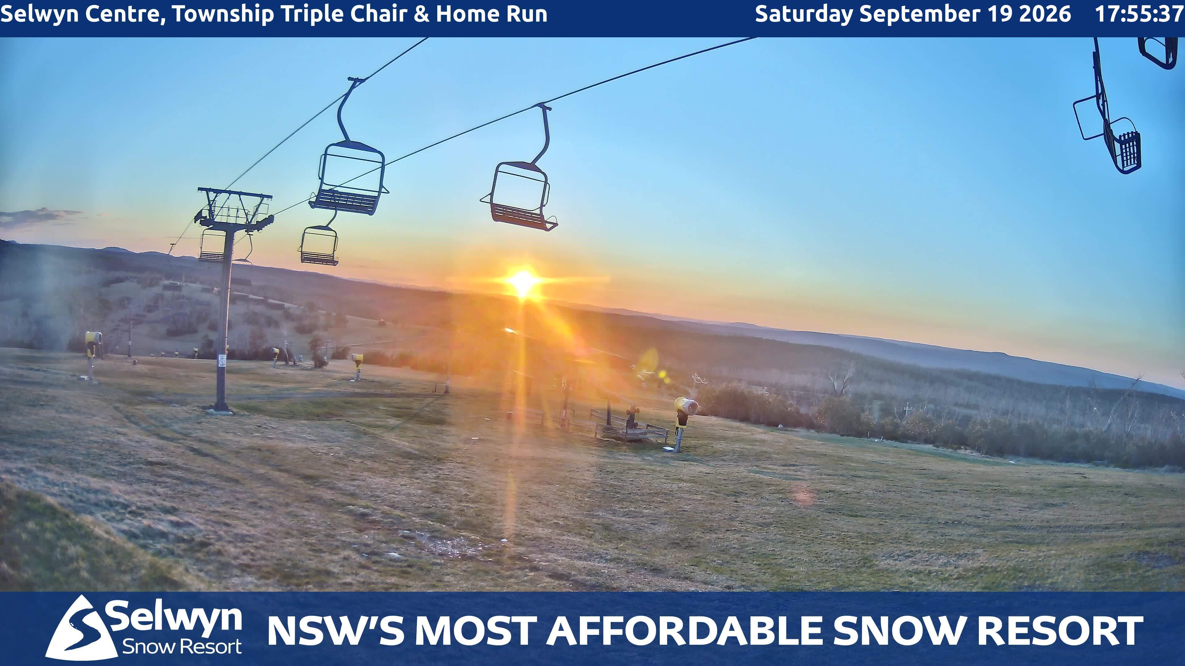 Selwyn Snow Resort Selwyn Centre, Township Triple Chair and Home Run snow cam captured at 19 September 2026 at 6:01 pm AEST