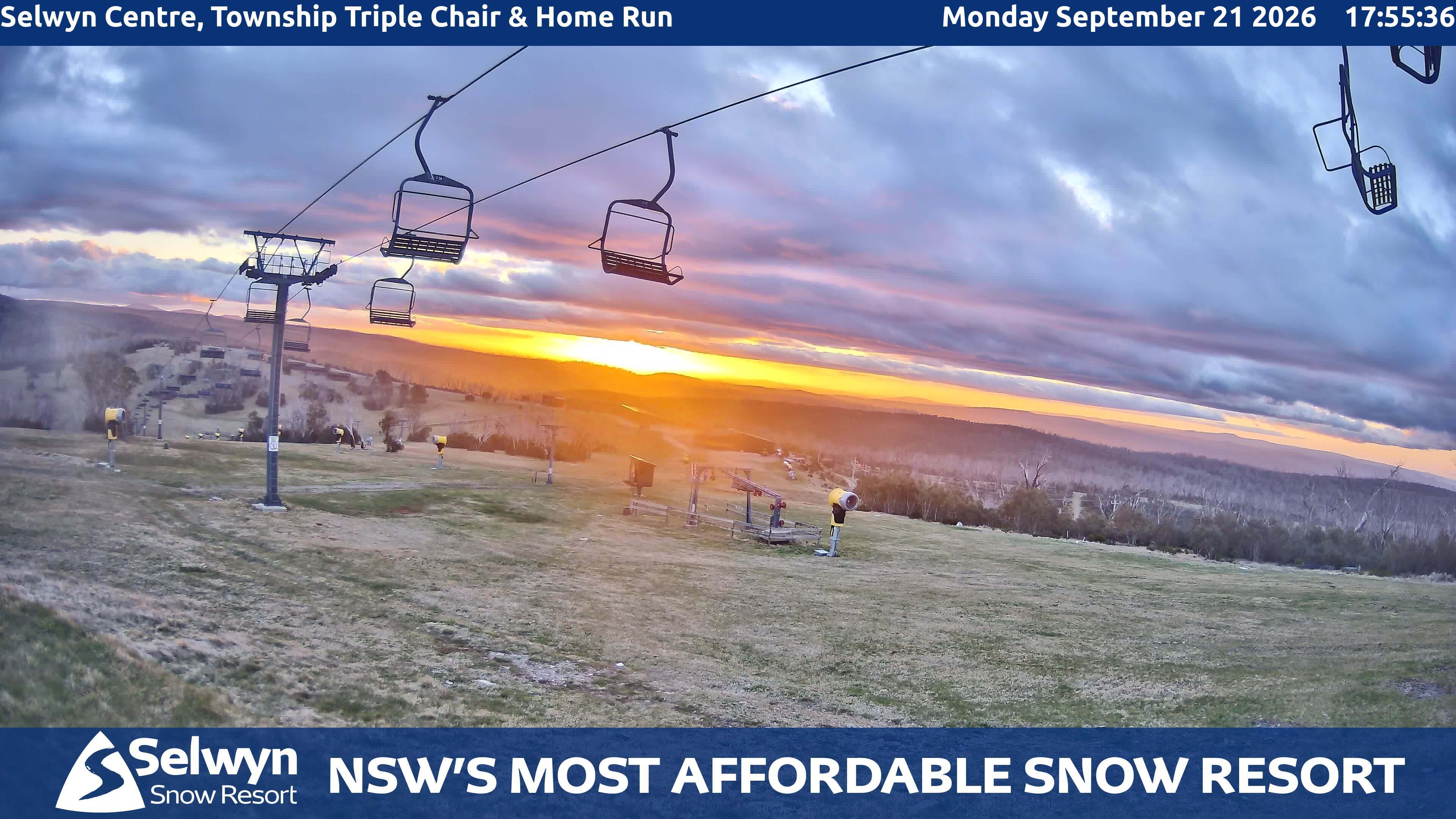 Selwyn Snow Resort Selwyn Centre, Township Triple Chair and Home Run snow cam captured at 21 September 2026 at 6:04 pm AEST