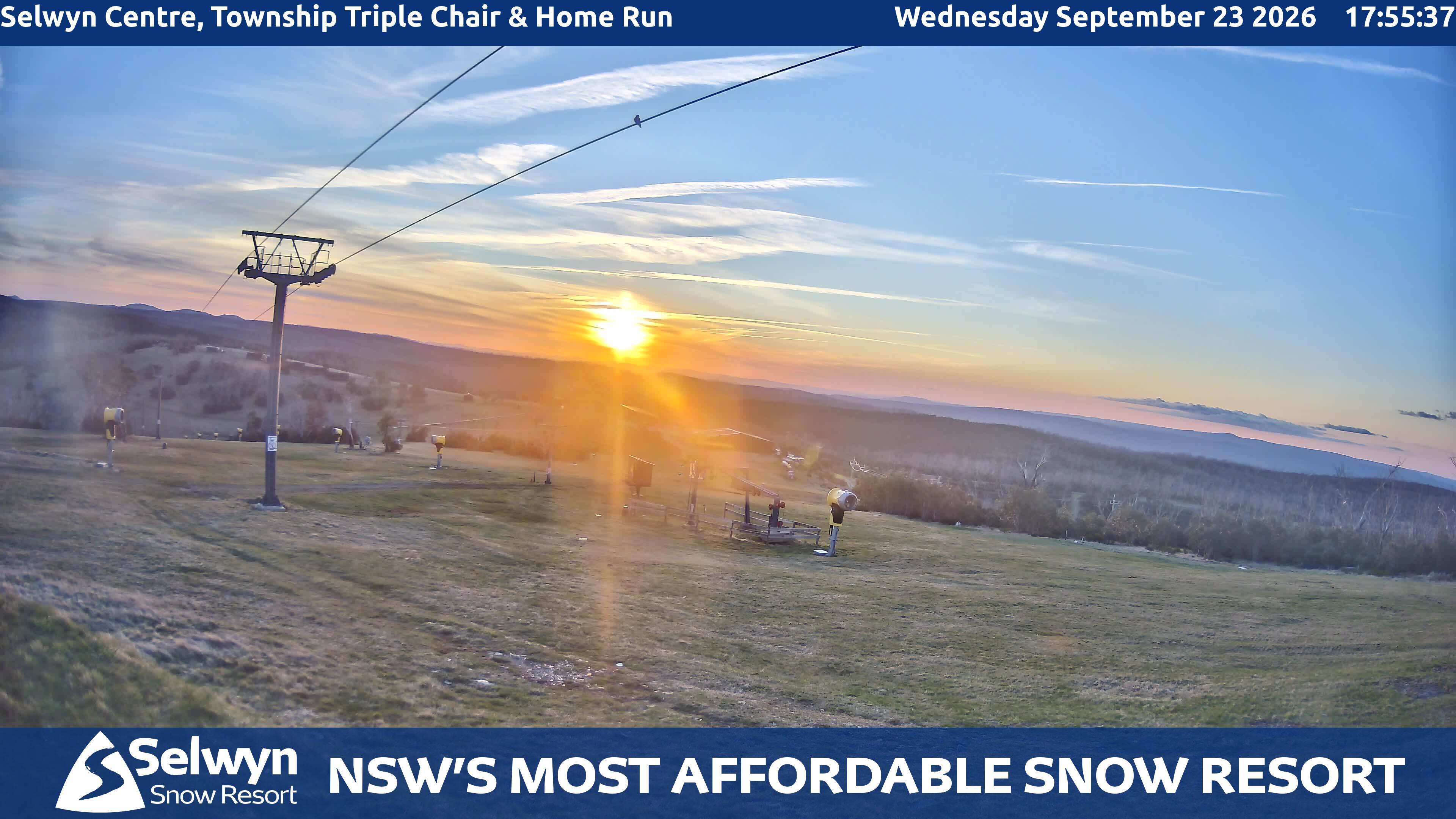 Selwyn Snow Resort Selwyn Centre, Township Triple Chair and Home Run snow cam captured at 23 September 2026 at 5:58 pm AEST