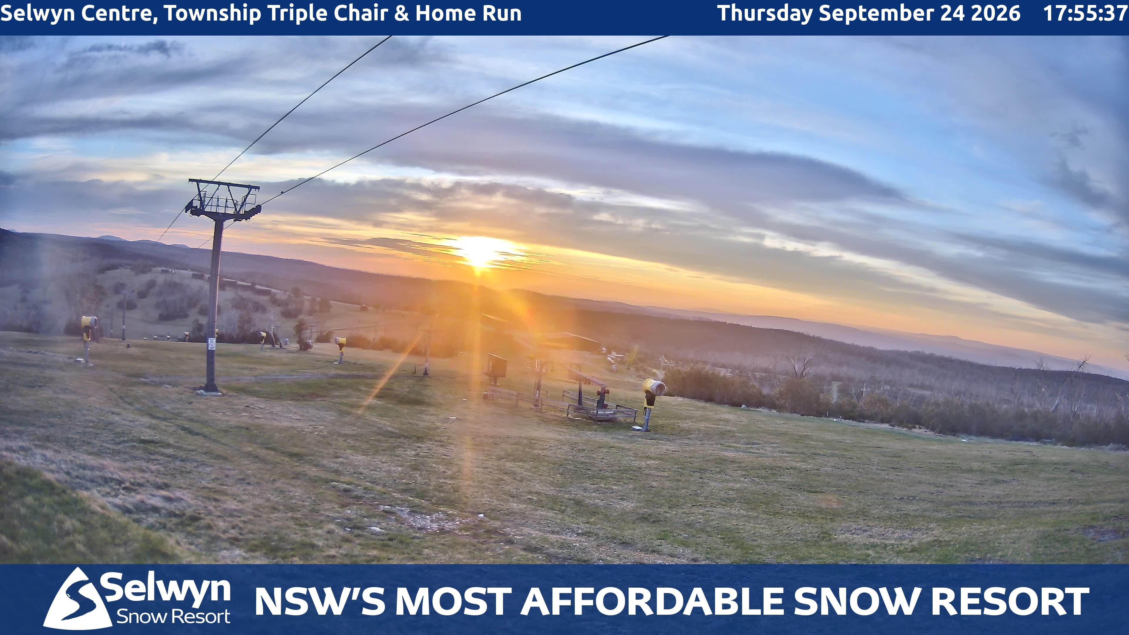 Selwyn Snow Resort Selwyn Centre, Township Triple Chair and Home Run snow cam captured at 24 September 2026 at 6:05 pm AEST