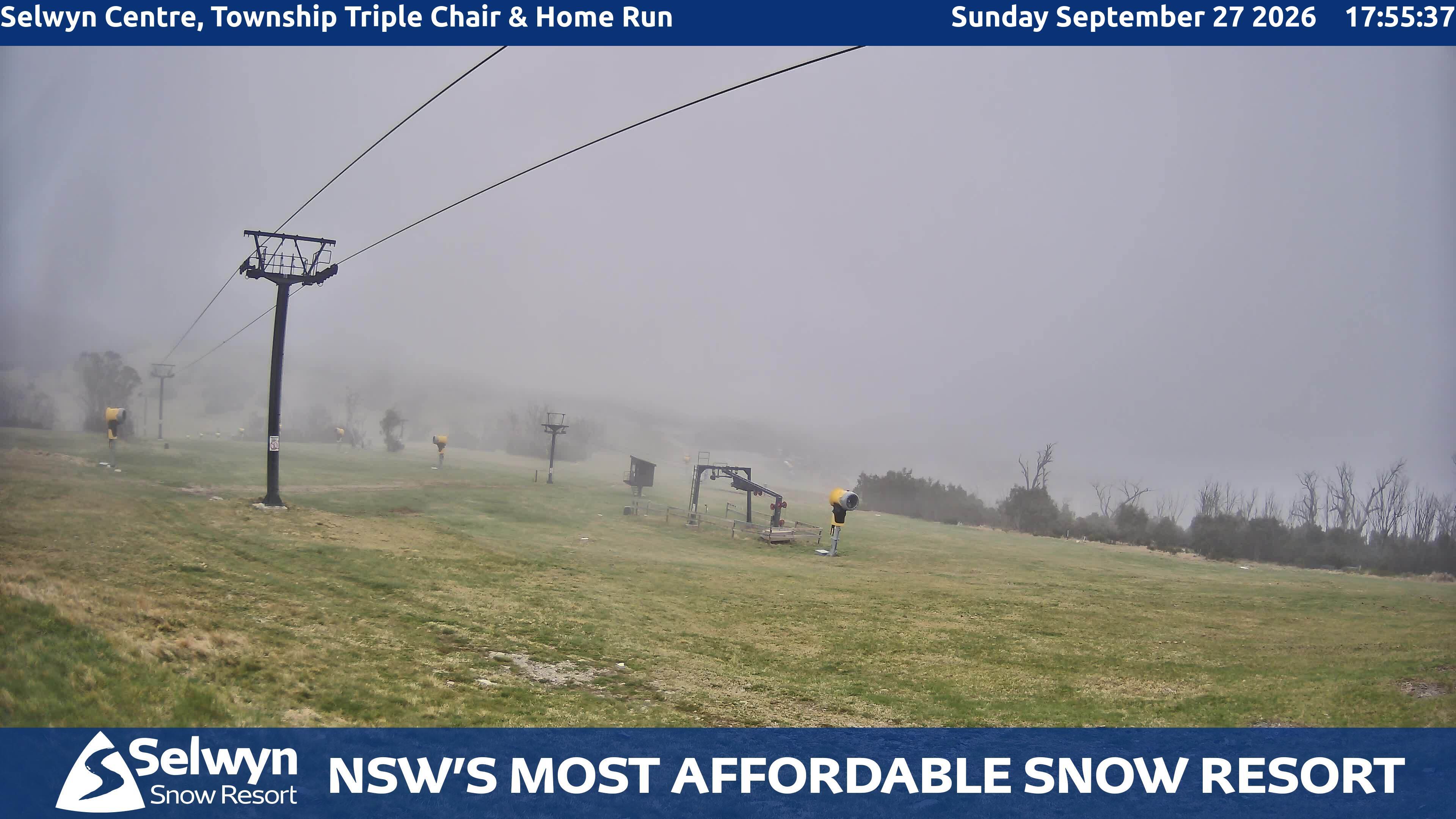 Selwyn Snow Resort Selwyn Centre, Township Triple Chair and Home Run snow cam captured at 27 September 2026 at 6:30 pm AEST