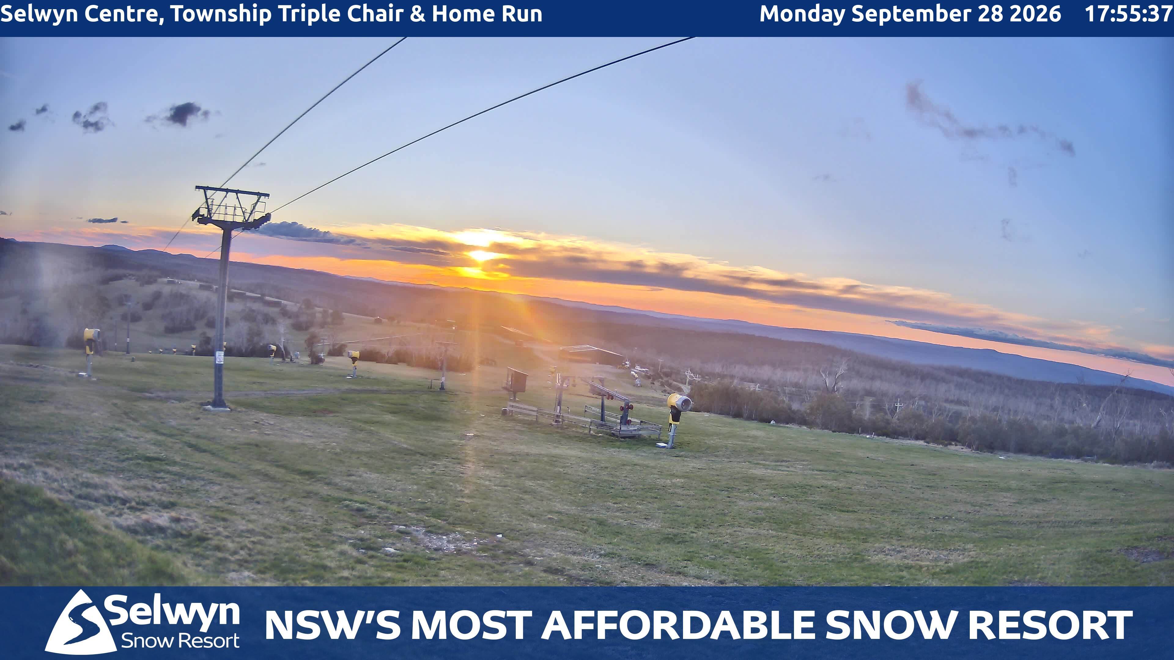 Selwyn Snow Resort Selwyn Centre, Township Triple Chair and Home Run snow cam captured at 28 September 2026 at 6:06 pm AEST