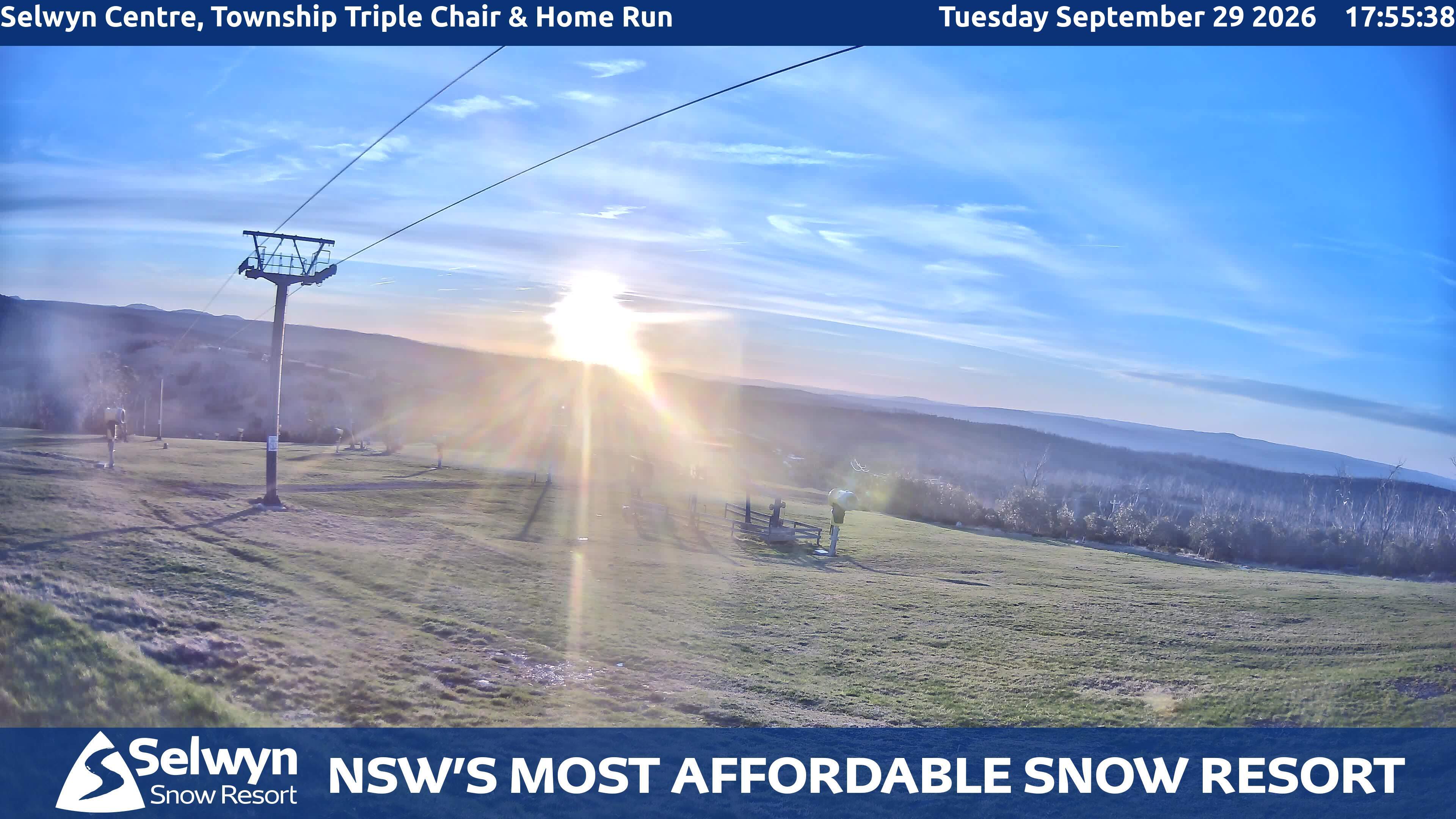 Selwyn Snow Resort Selwyn Centre, Township Triple Chair and Home Run snow cam captured at 29 September 2026 at 6:01 pm AEST
