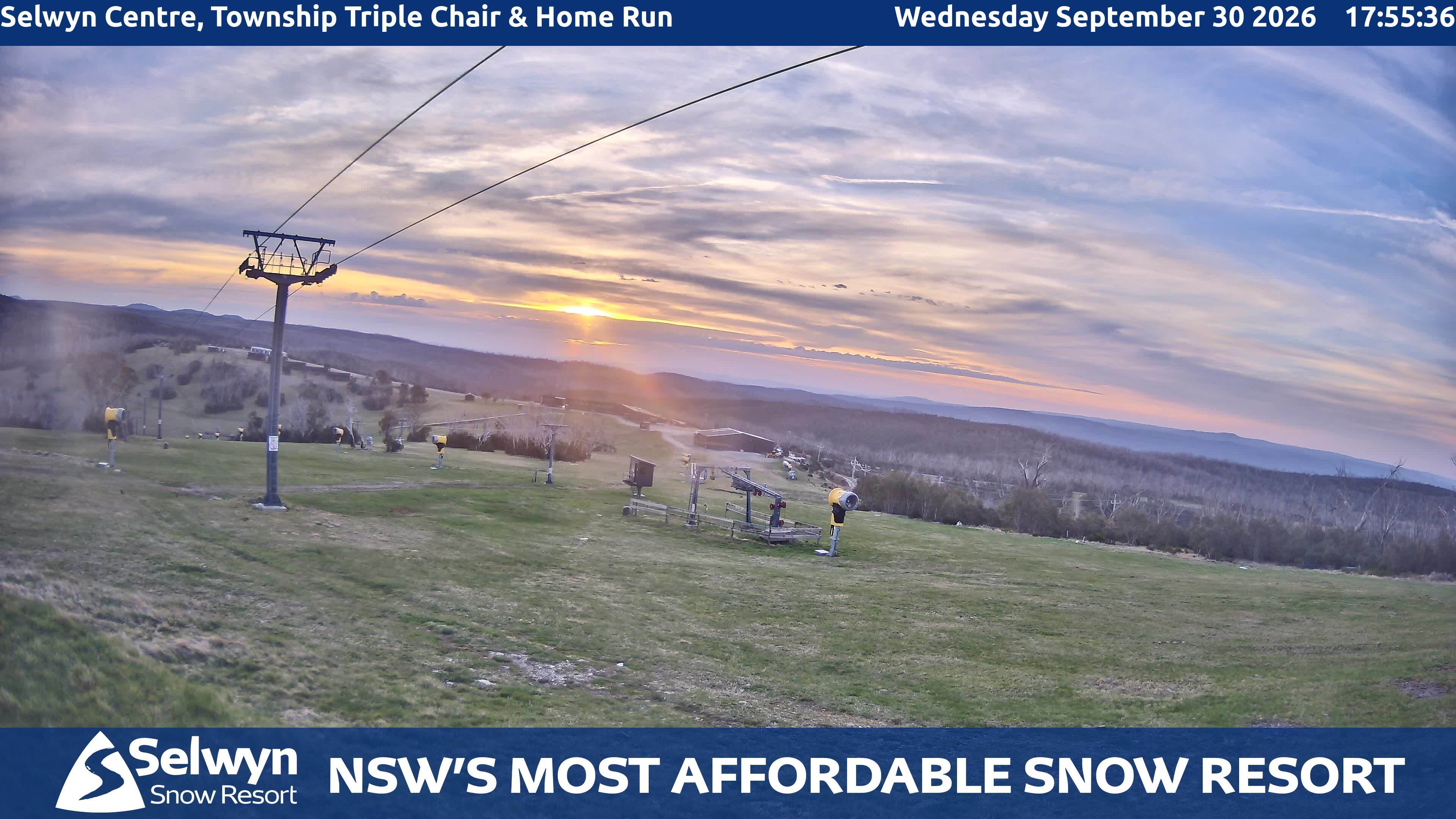 Selwyn Snow Resort Selwyn Centre, Township Triple Chair and Home Run snow cam captured at 30 September 2026 at 6:13 pm AEST