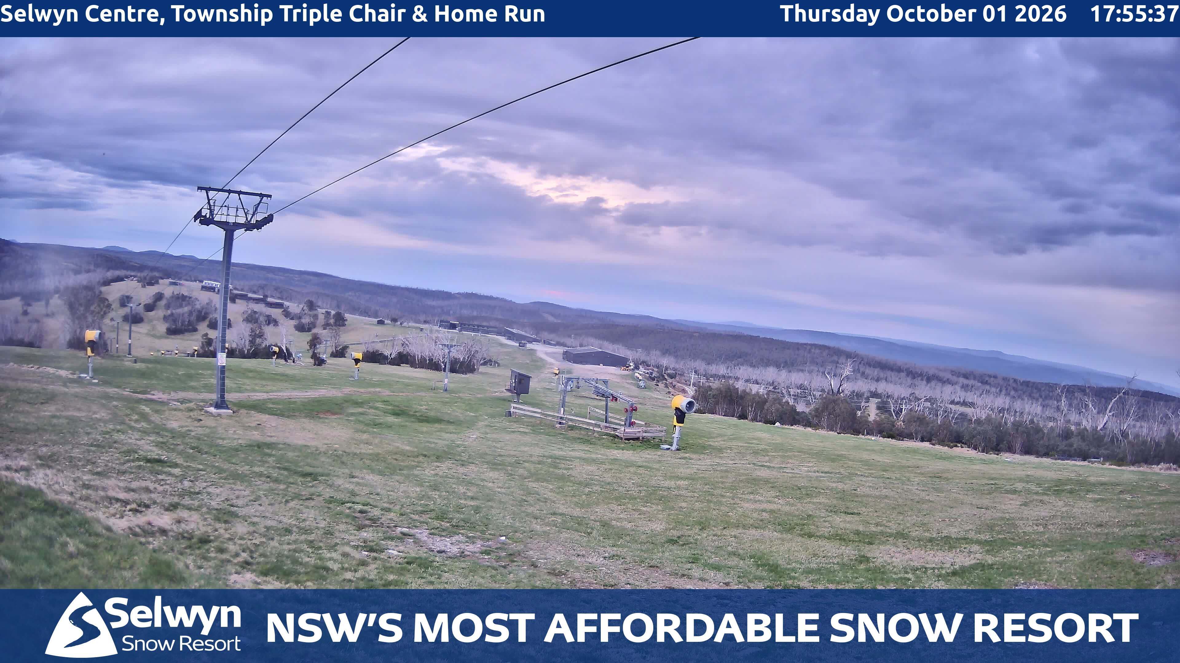 Selwyn Snow Resort Selwyn Centre, Township Triple Chair and Home Run snow cam captured at 1 October 2026 at 6:09 pm AEST