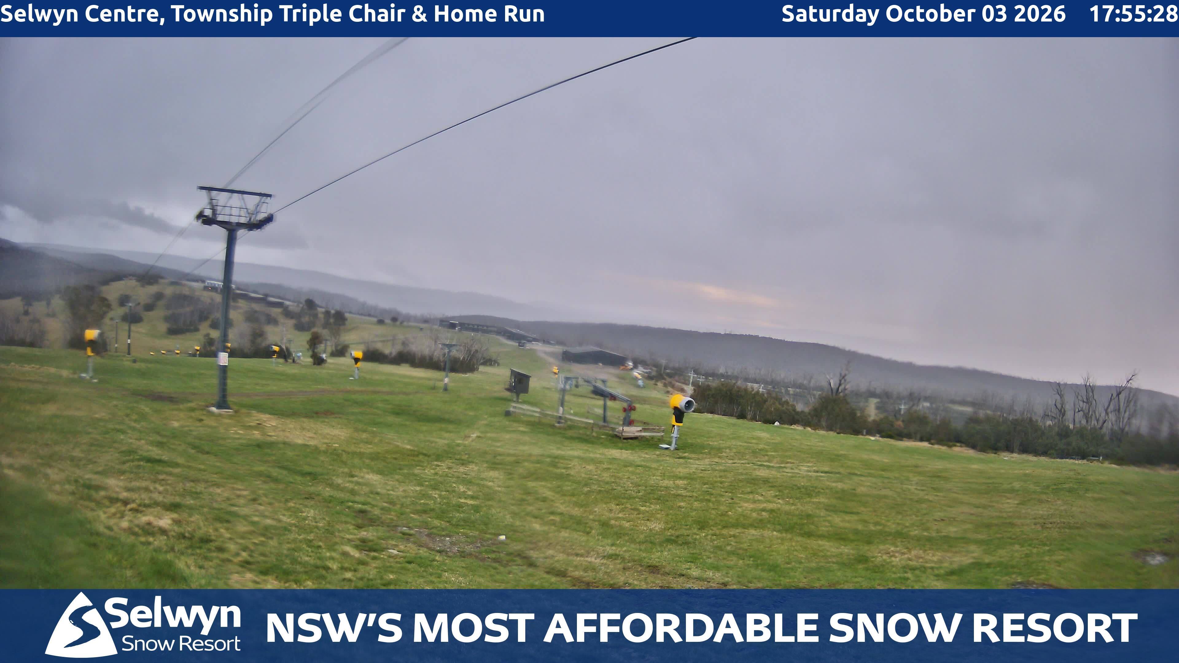 Selwyn Snow Resort Selwyn Centre, Township Triple Chair and Home Run snow cam captured at 3 October 2026 at 6:17 pm AEST