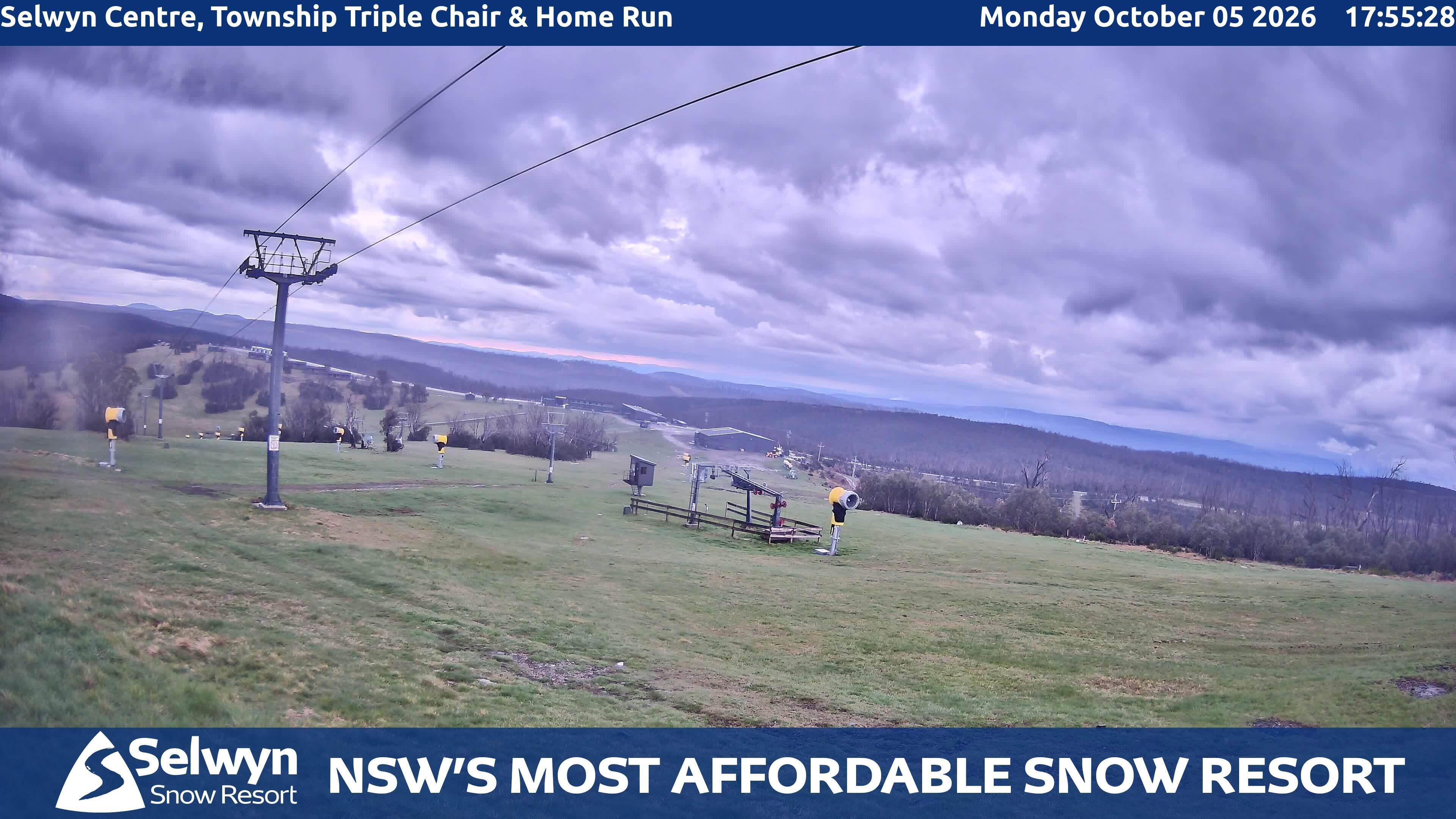 Selwyn Snow Resort Selwyn Centre, Township Triple Chair and Home Run snow cam captured at 5 October 2026 at 5:55 pm AEDT