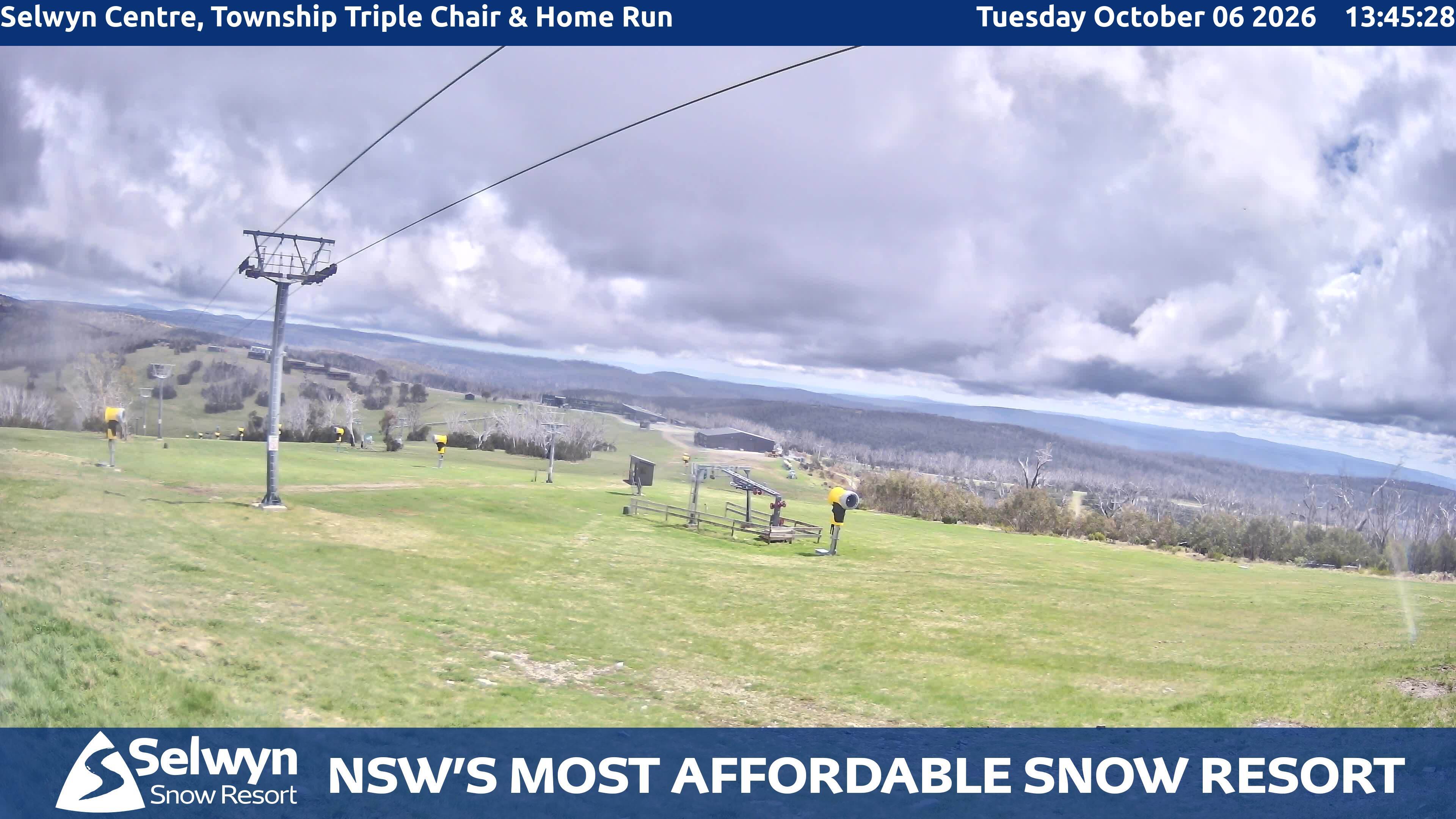Selwyn Snow Resort Selwyn Centre, Township Triple Chair and Home Run snow cam captured at 6 October 2026 at 1:47 pm AEDT