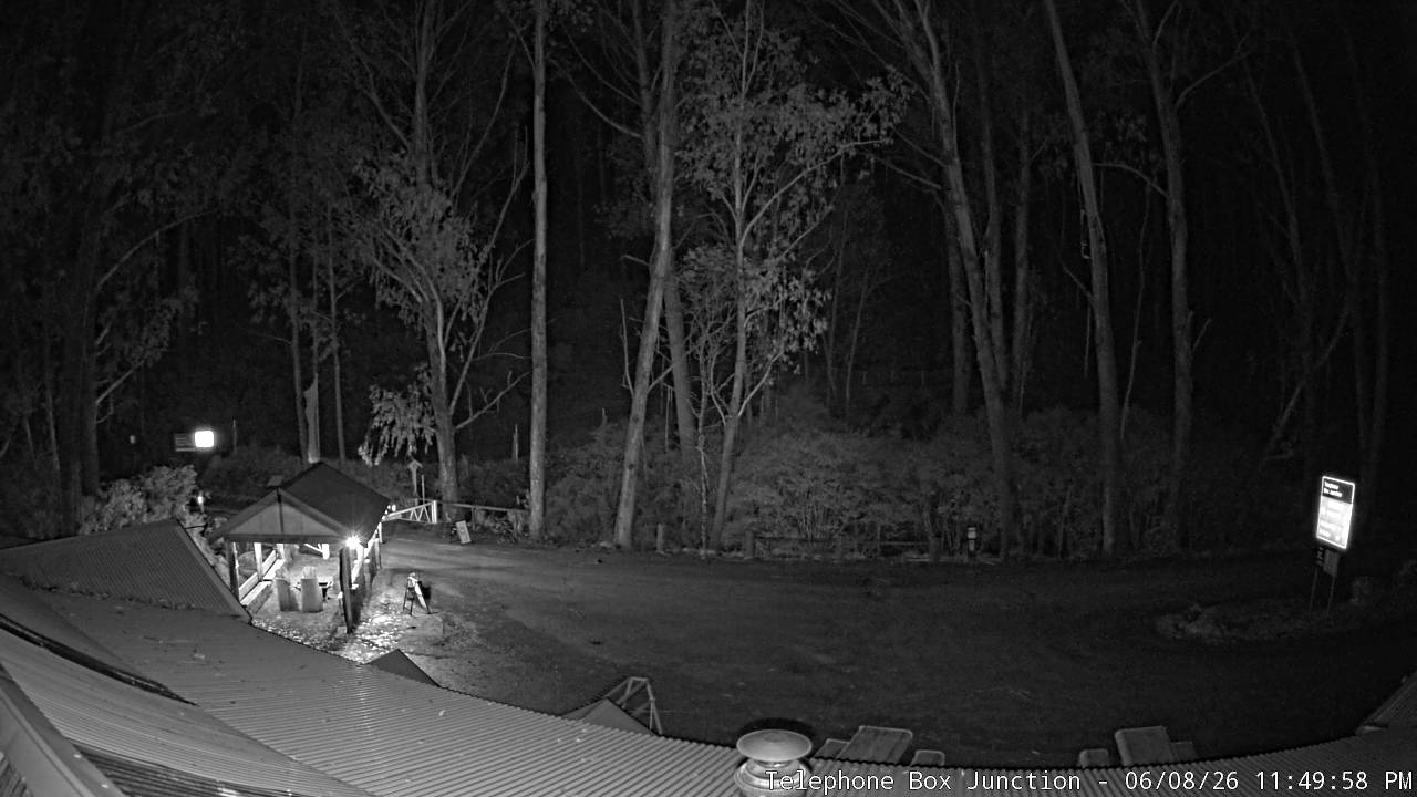 Mt Stirling Telephone Box Junction snow cam captured at 8 June 2026 at 11:52 pm AEST