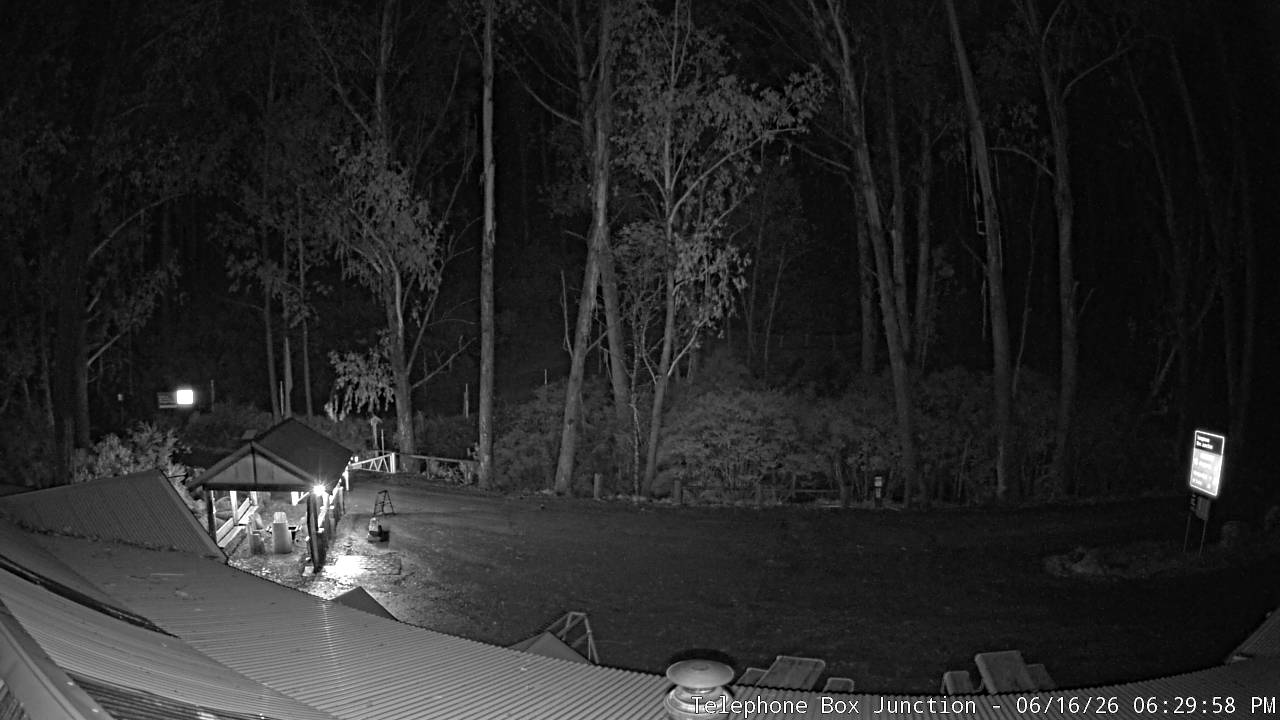 Mt Stirling Telephone Box Junction snow cam captured at 16 June 2026 at 6:30 pm AEST