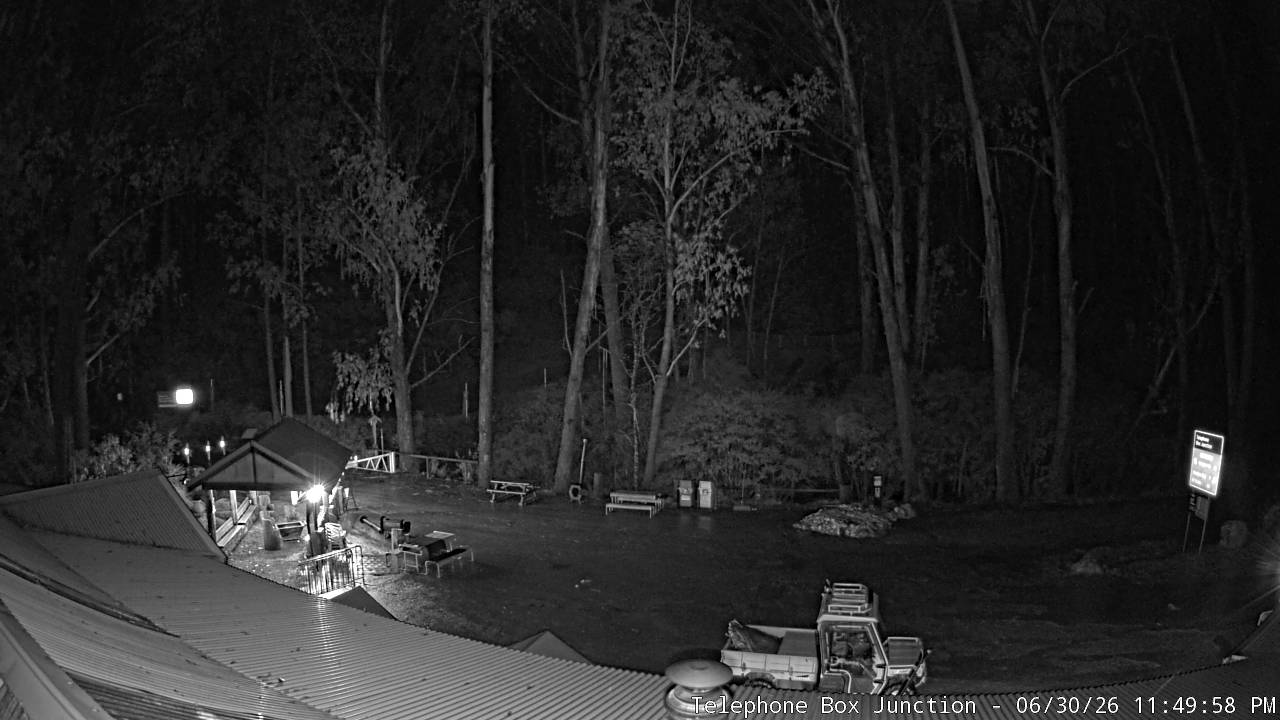 Mt Stirling Telephone Box Junction snow cam captured at 30 June 2026 at 11:53 pm AEST