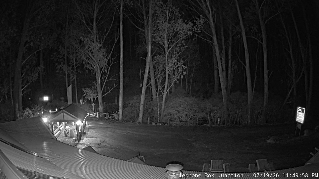 Mt Stirling Telephone Box Junction snow cam captured at 19 July 2026 at 11:58 pm AEST