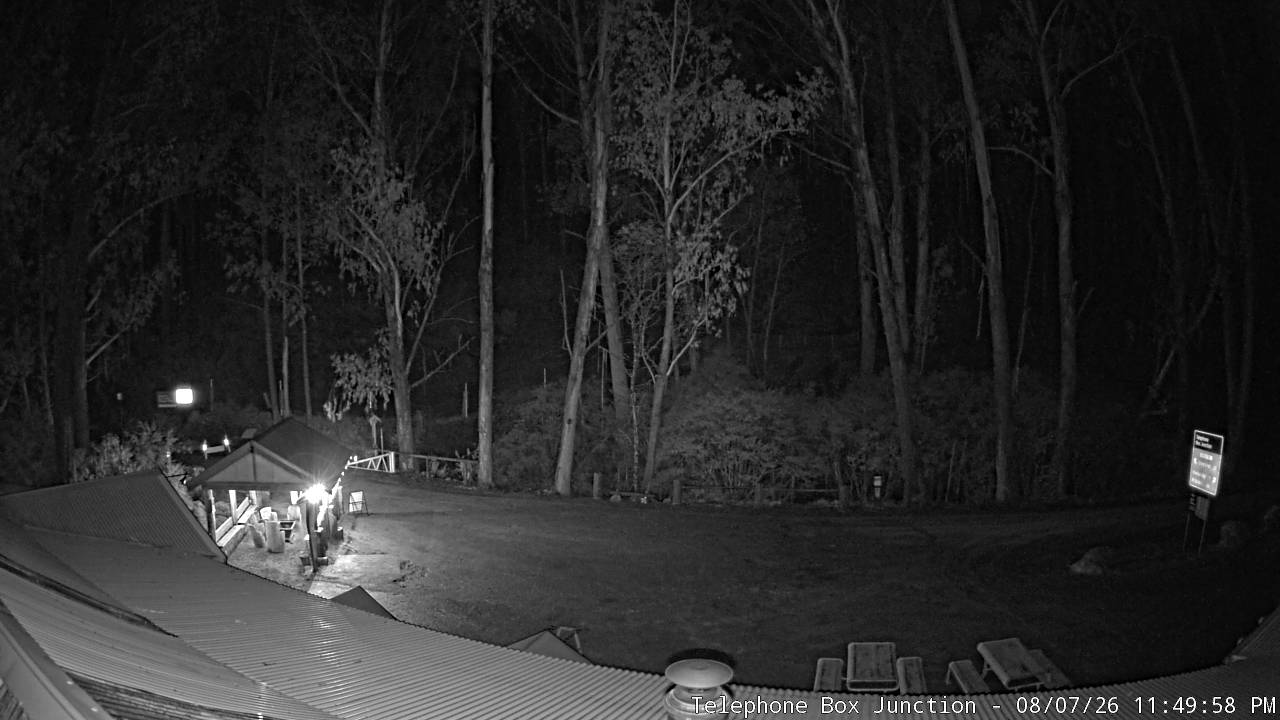 Mt Stirling Telephone Box Junction snow cam captured at 7 August 2026 at 11:57 pm AEST