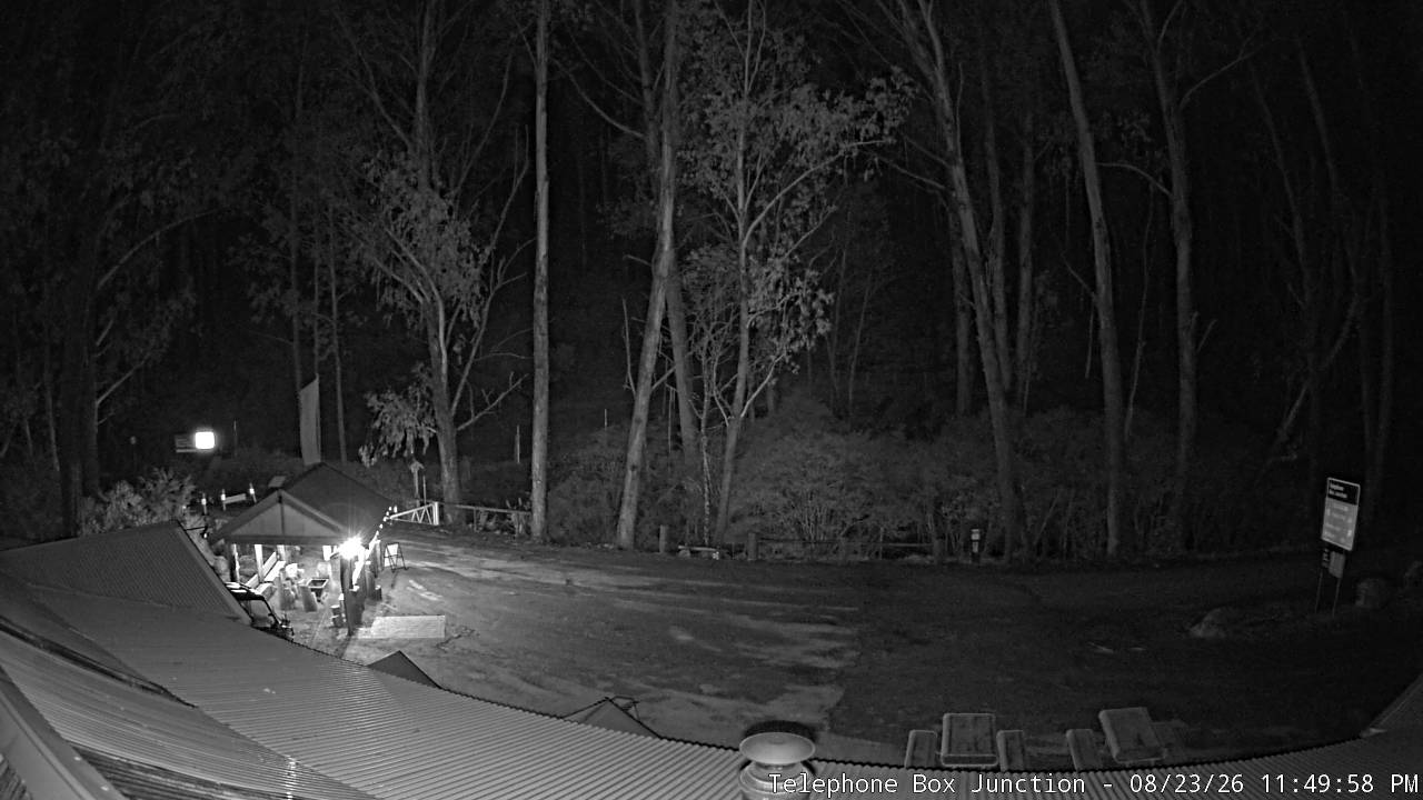 Mt Stirling Telephone Box Junction snow cam captured at 23 August 2026 at 11:52 pm AEST
