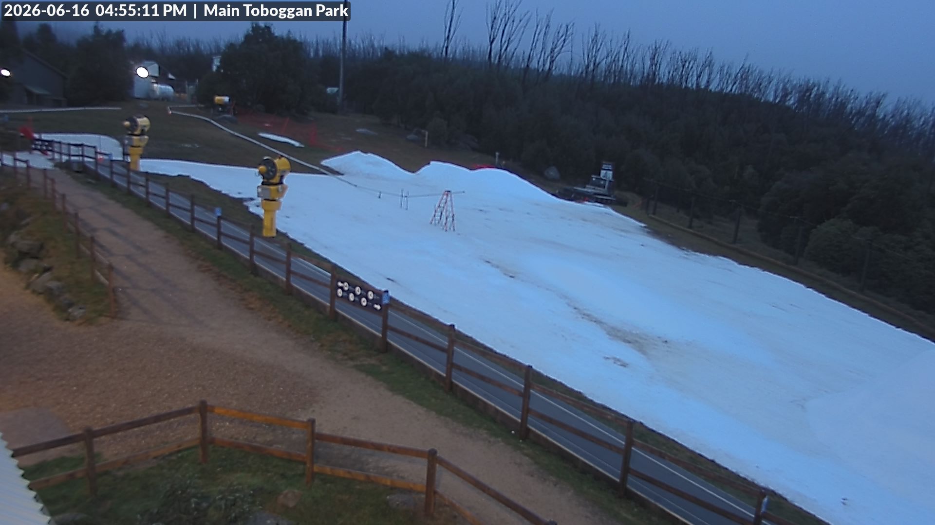 Lake Mountain Village Toboggan Run snow cam captured at 16 June 2026 at 4:55 pm AEST