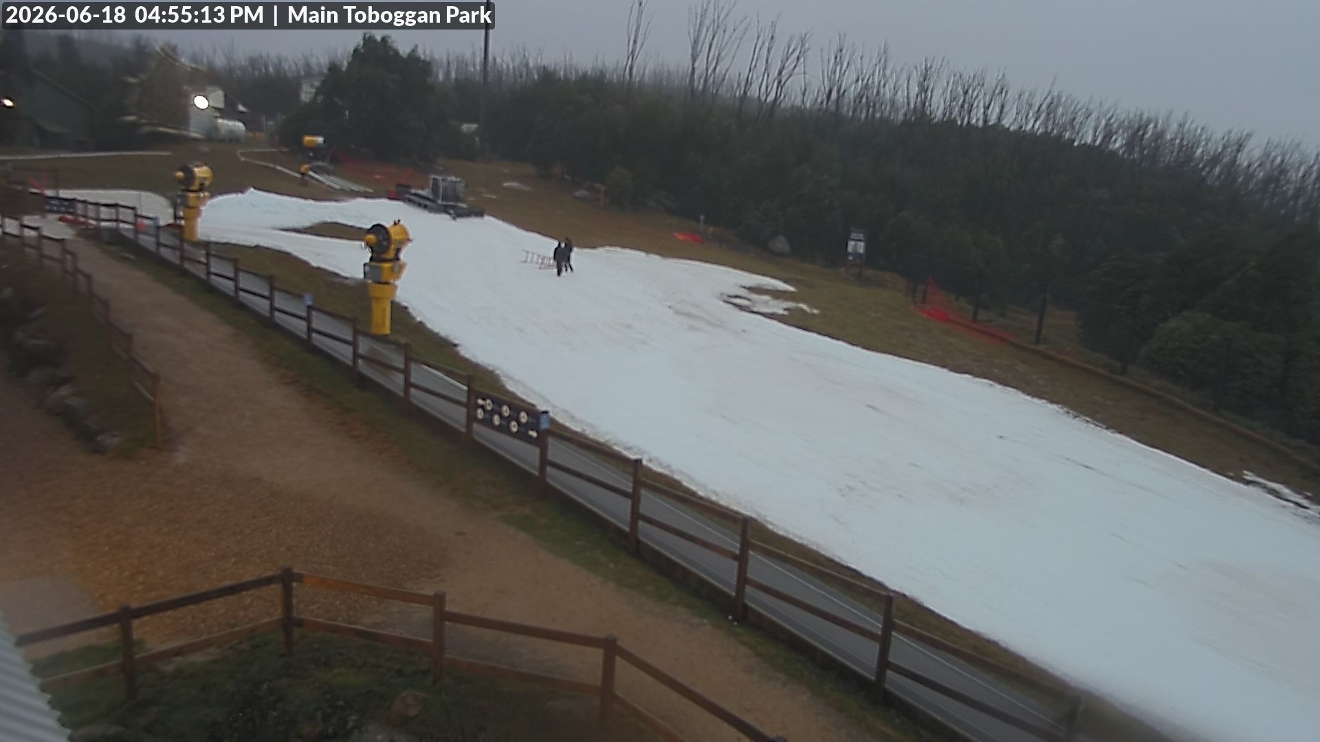 Lake Mountain Village Toboggan Run snow cam captured at 18 June 2026 at 4:55 pm AEST
