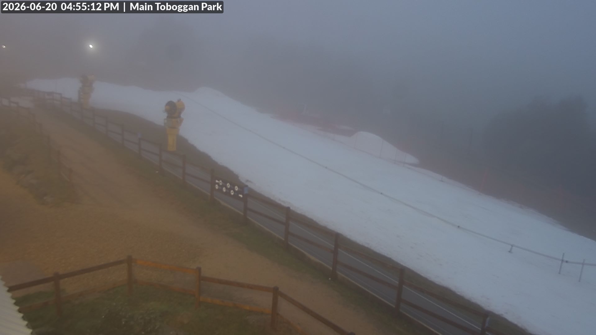Lake Mountain Village Toboggan Run snow cam captured at 20 June 2026 at 4:55 pm AEST