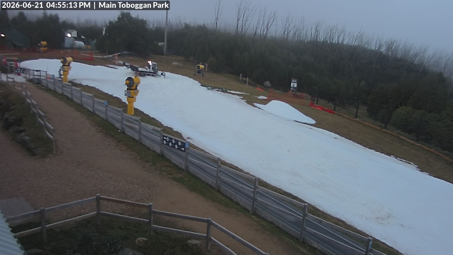 Lake Mountain Village Toboggan Run snow cam captured at 21 June 2026 at 4:58 pm AEST