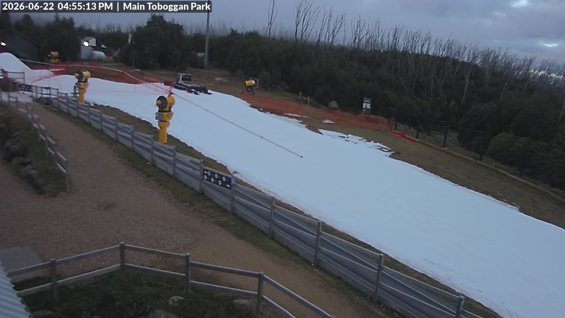 Lake Mountain Village Toboggan Run snow cam captured at 22 June 2026 at 4:58 pm AEST